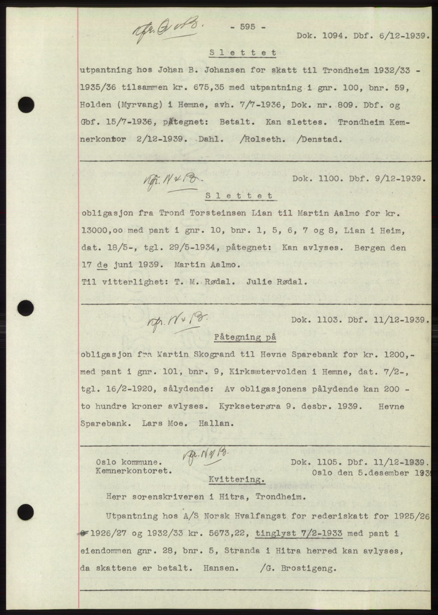 Hitra sorenskriveri, AV/SAT-A-0018/2/2C/2Ca: Mortgage book no. C1, 1936-1945, Diary no: : 1094/1939