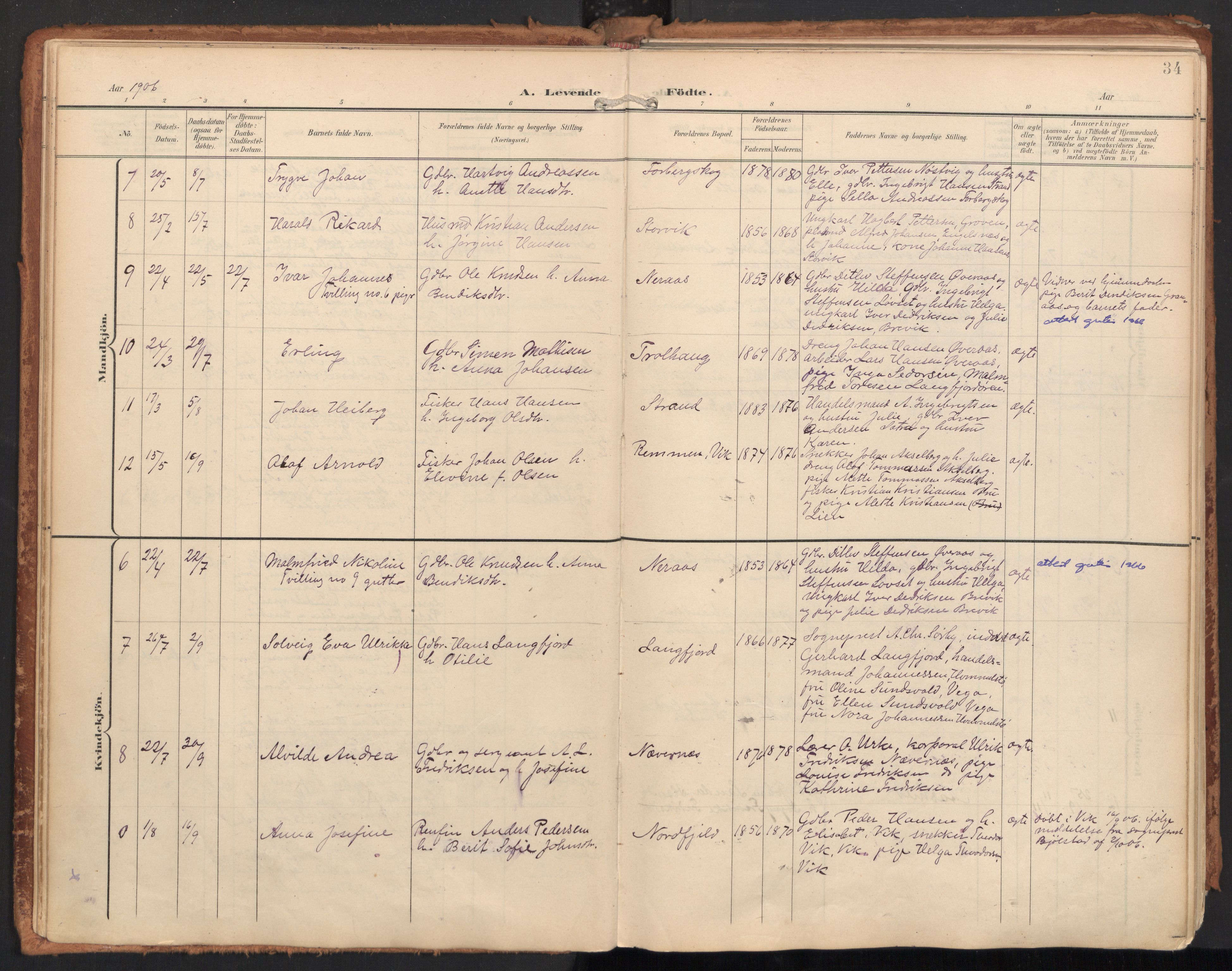Ministerialprotokoller, klokkerbøker og fødselsregistre - Nordland, SAT/A-1459/814/L0227: Parish register (official) no. 814A08, 1899-1920, p. 34