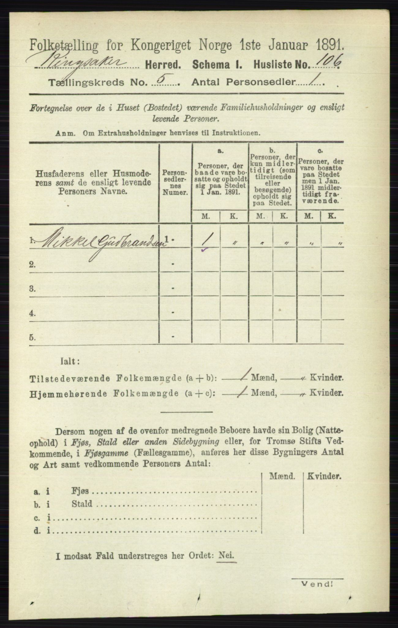 RA, 1891 census for 0412 Ringsaker, 1891, p. 2401