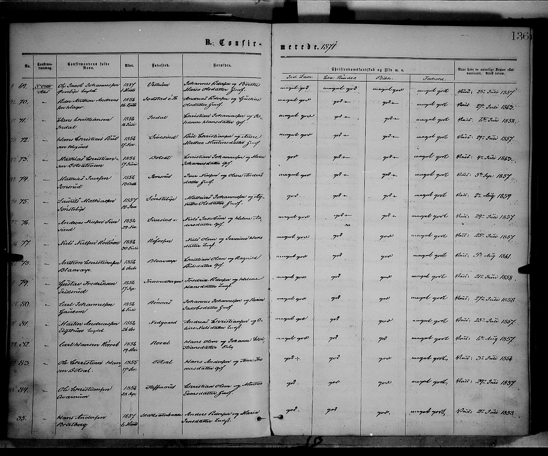 Vestre Toten prestekontor, AV/SAH-PREST-108/H/Ha/Haa/L0008: Parish register (official) no. 8, 1870-1877, p. 136