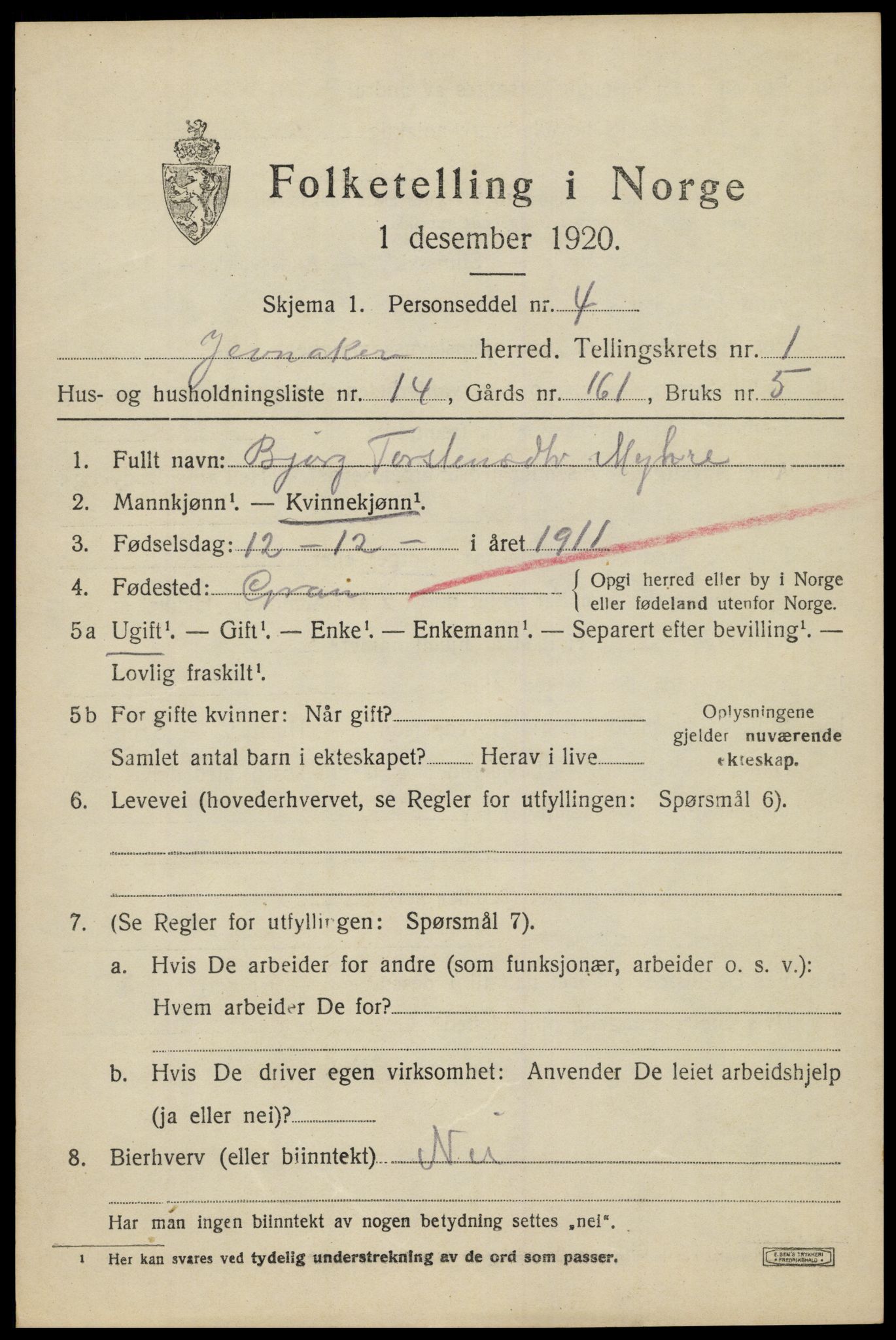SAH, 1920 census for Jevnaker, 1920, p. 1369