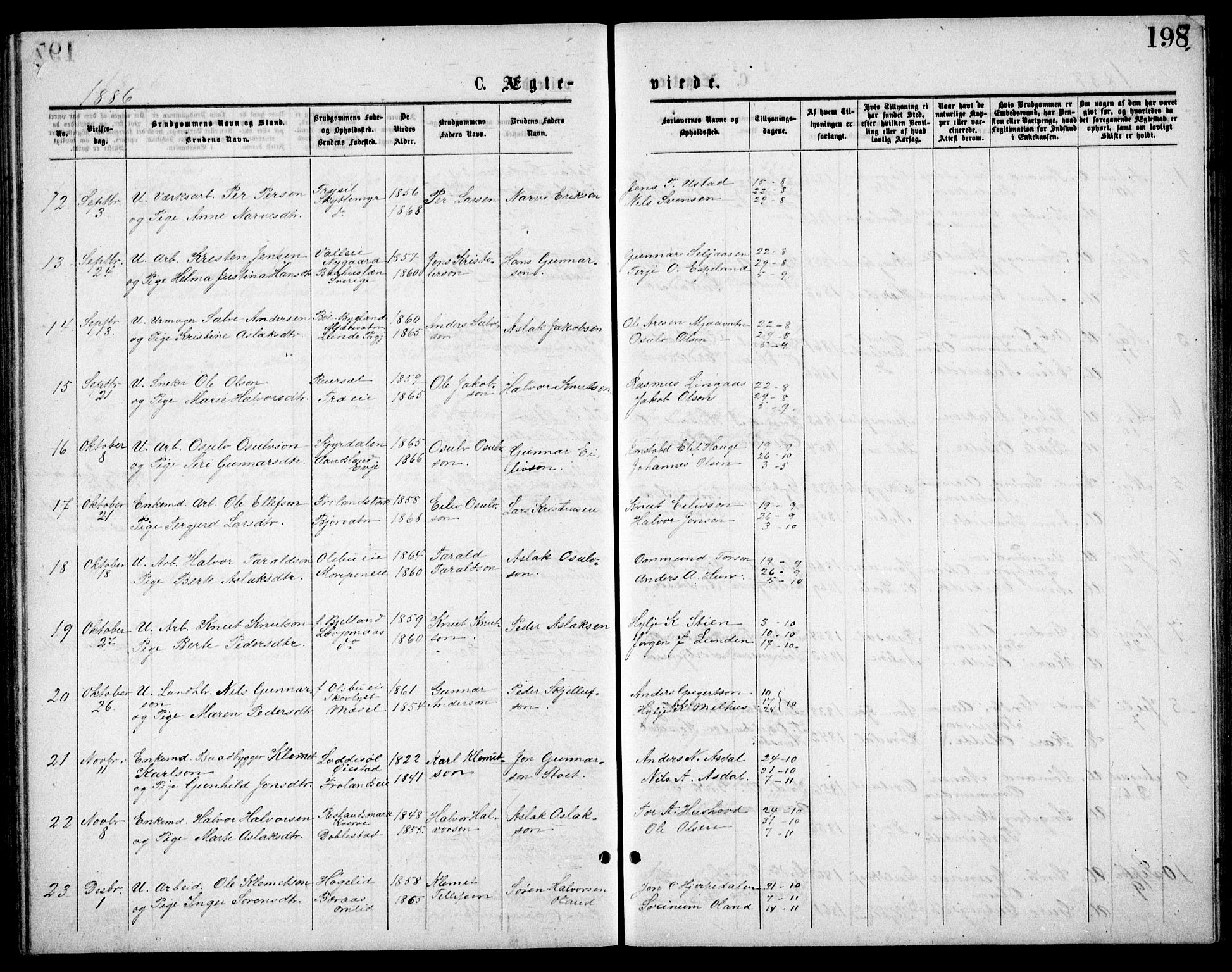 Froland sokneprestkontor, SAK/1111-0013/F/Fb/L0009: Parish register (copy) no. B 9, 1875-1893, p. 198