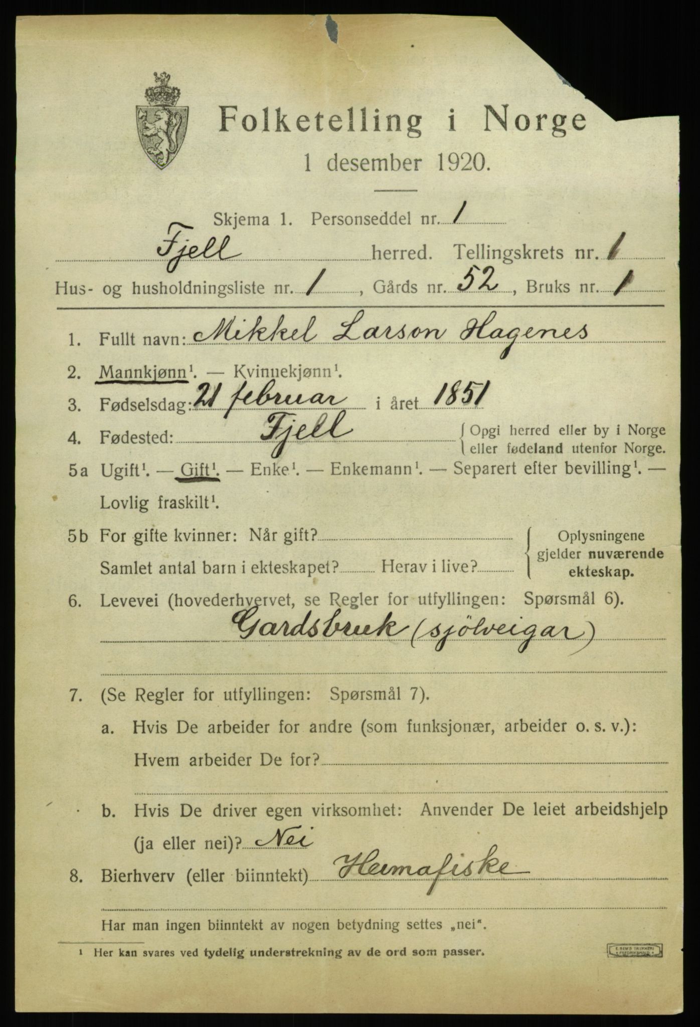 SAB, 1920 census for Fjell, 1920, p. 1468