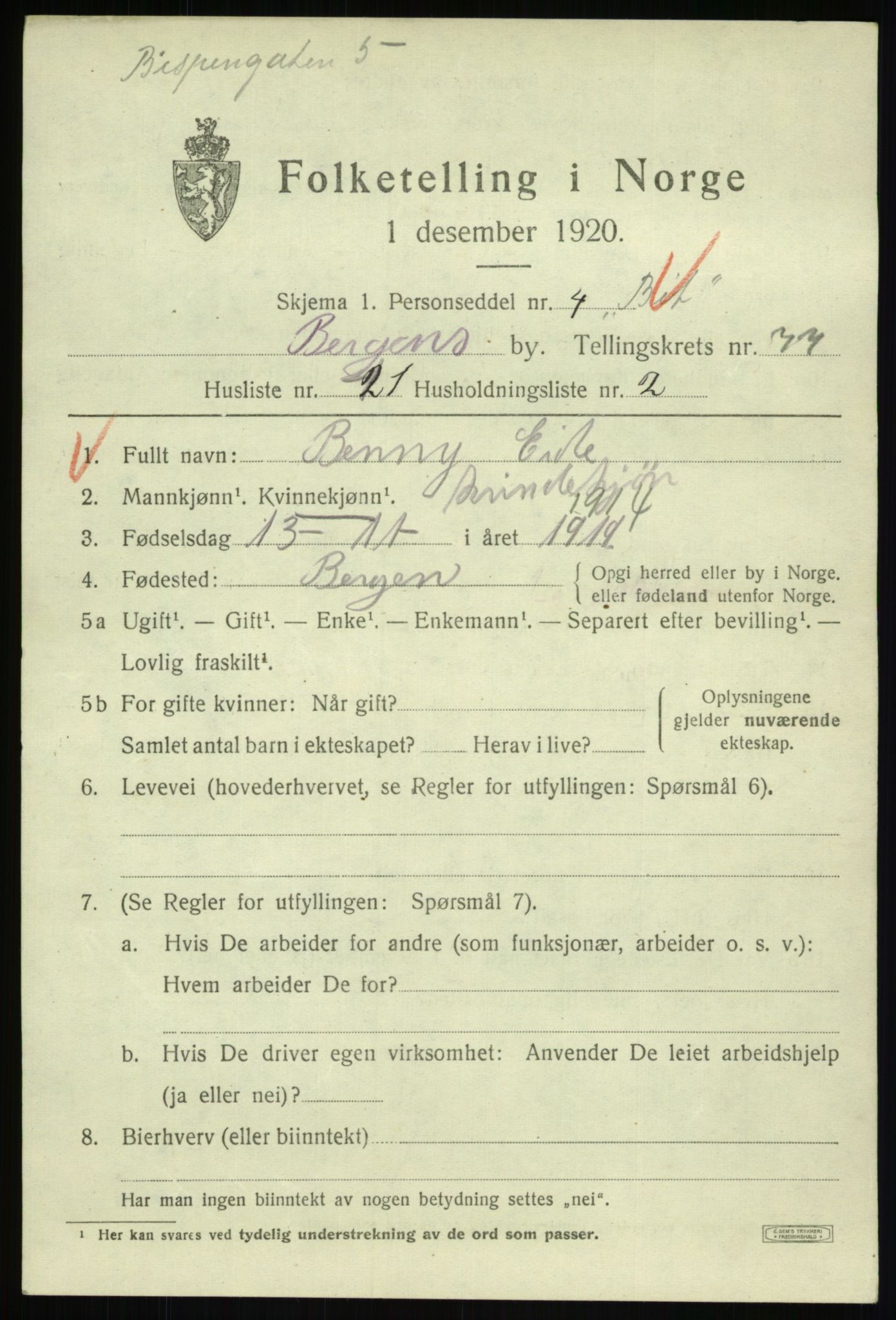 SAB, 1920 census for Bergen, 1920, p. 148152