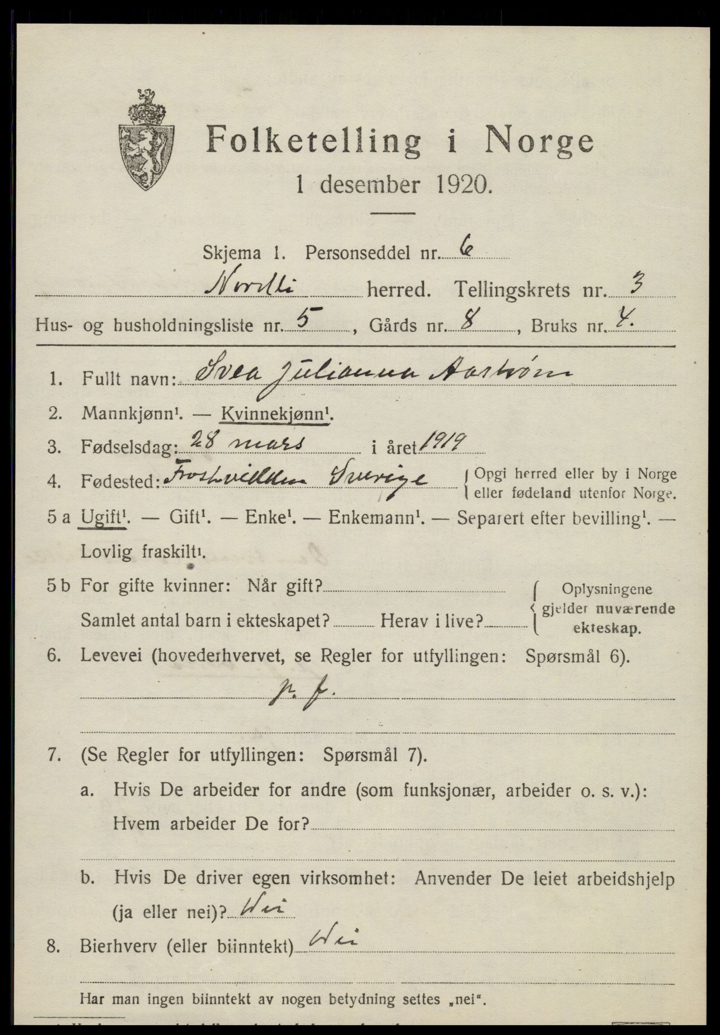 SAT, 1920 census for Nordli, 1920, p. 1459