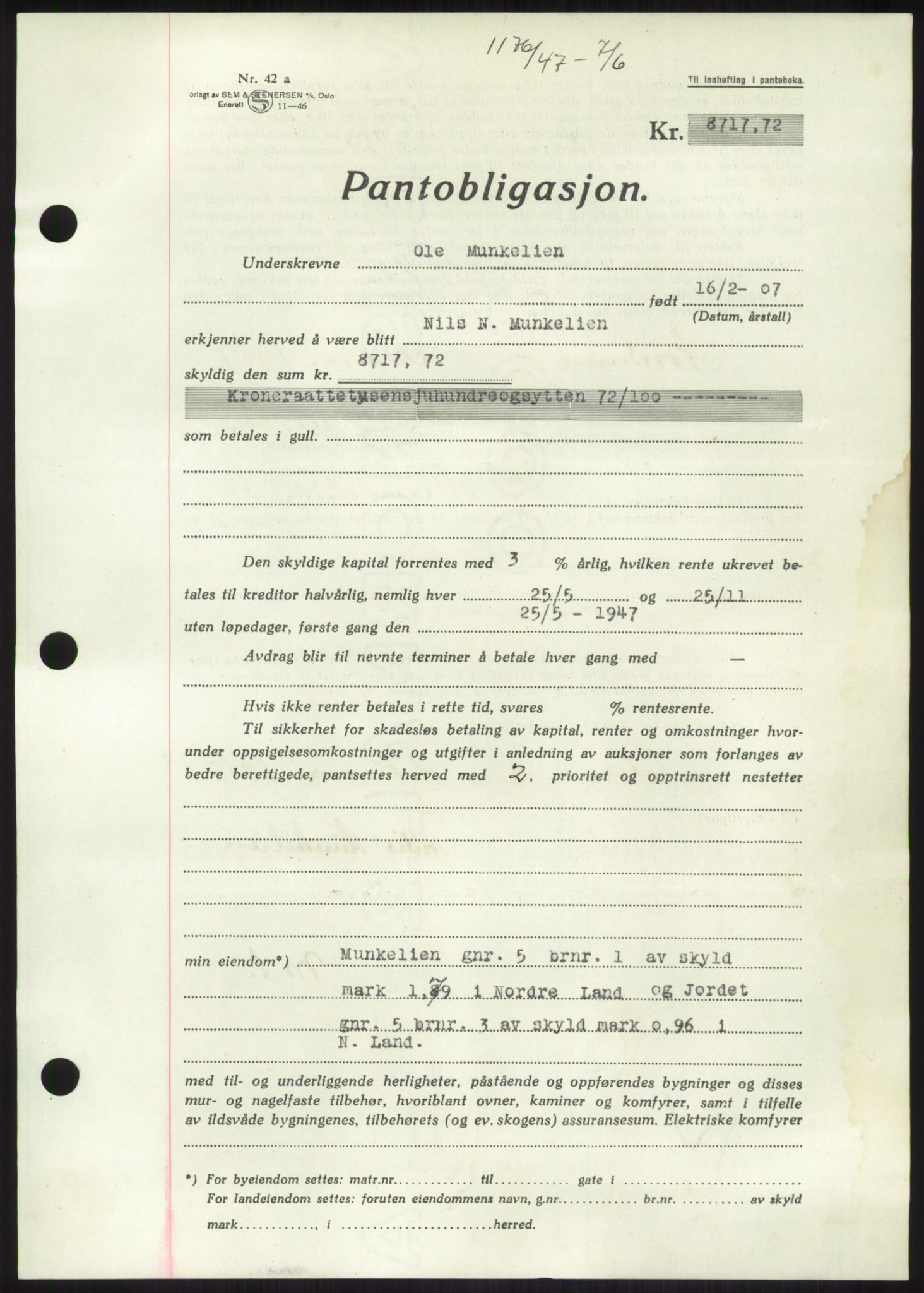 Hadeland og Land tingrett, AV/SAH-TING-010/H/Hb/Hbc/L0012: Mortgage book no. B12, 1947-1947, Diary no: : 1176/1947