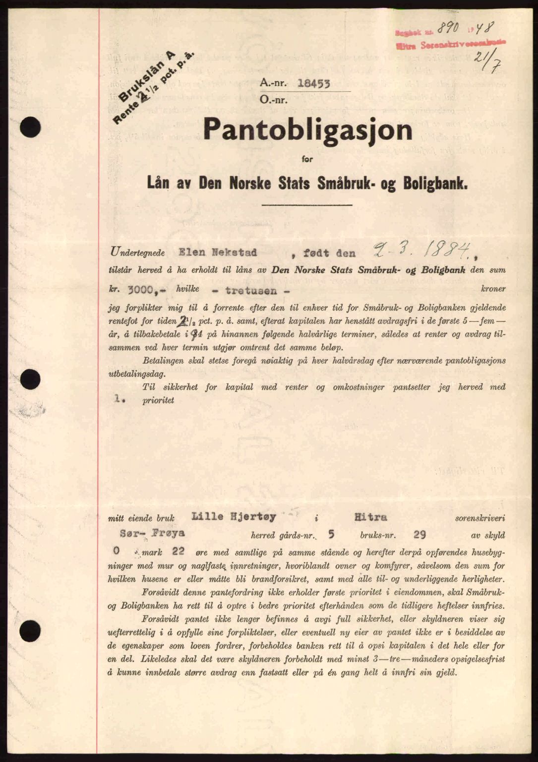 Hitra sorenskriveri, AV/SAT-A-0018/2/2C/2Ca: Mortgage book no. B1, 1939-1949, Diary no: : 890/1948