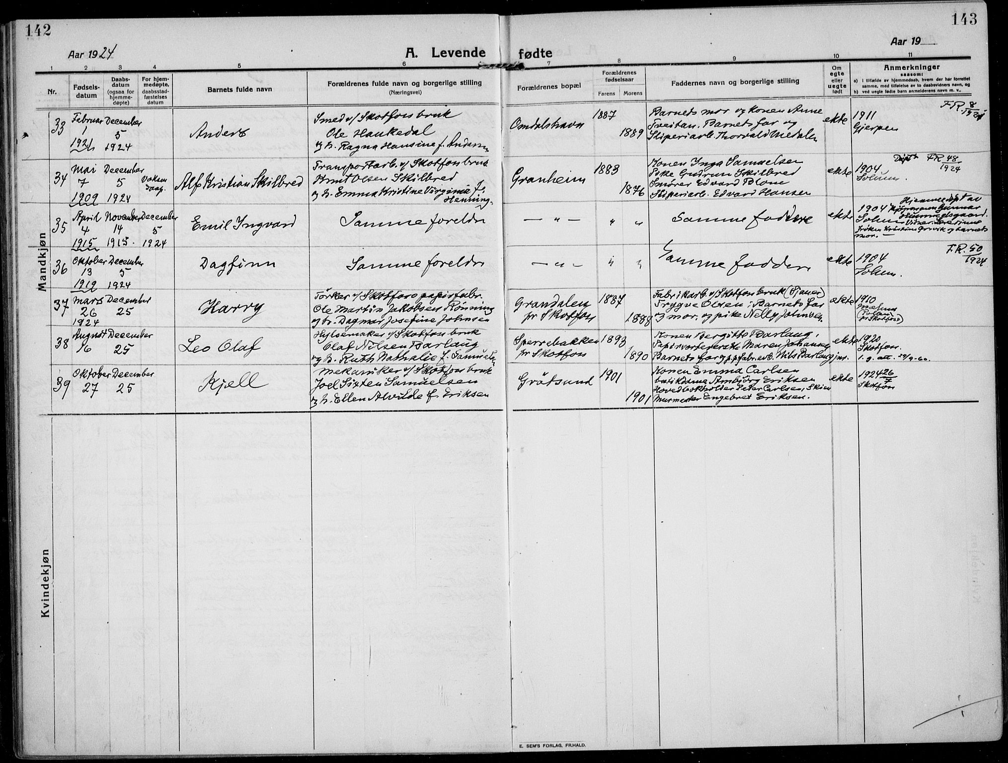 Solum kirkebøker, AV/SAKO-A-306/F/Fb/L0004: Parish register (official) no. II 4, 1913-1924, p. 142-143