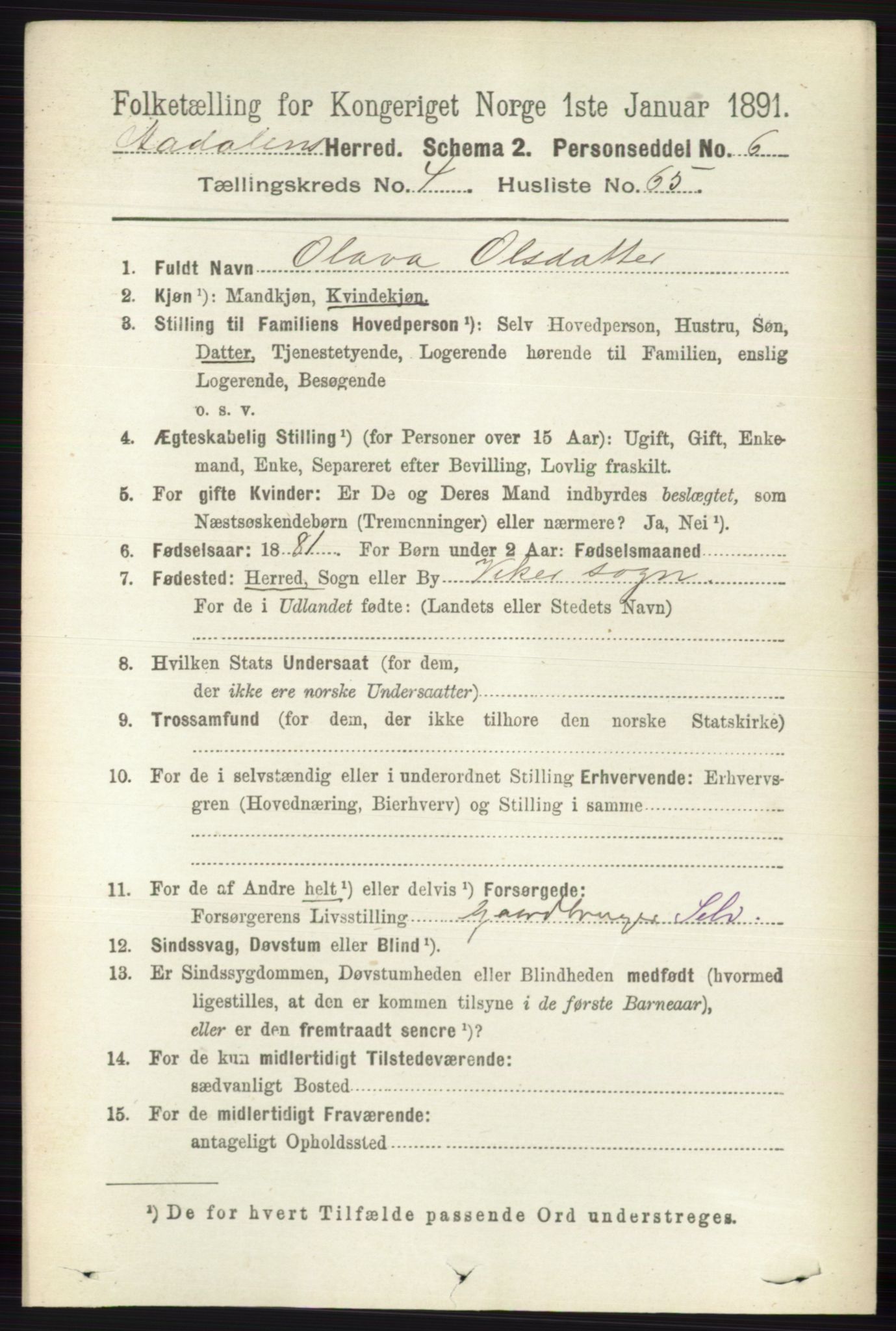 RA, 1891 census for 0614 Ådal, 1891, p. 1905