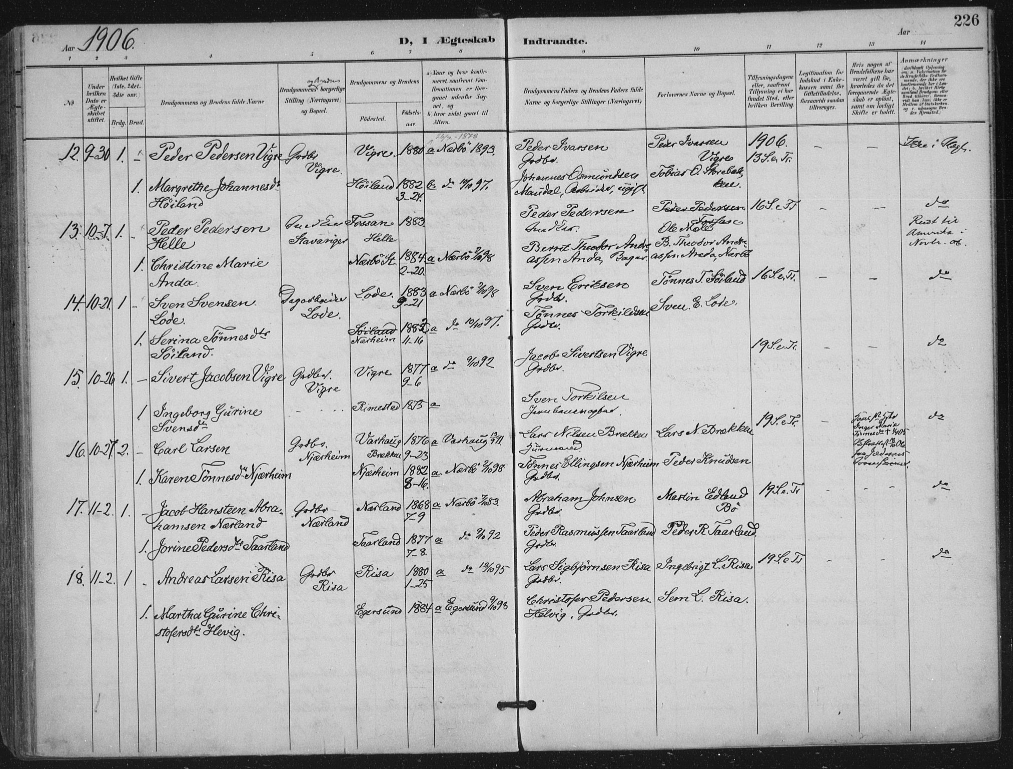 Hå sokneprestkontor, SAST/A-101801/002/B/L0001: Parish register (official) no. A 11, 1897-1924, p. 226