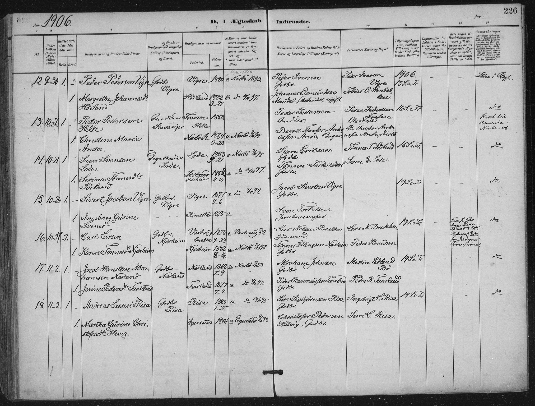 Hå sokneprestkontor, AV/SAST-A-101801/001/30BA/L0012: Parish register (official) no. A 11, 1897-1924, p. 226