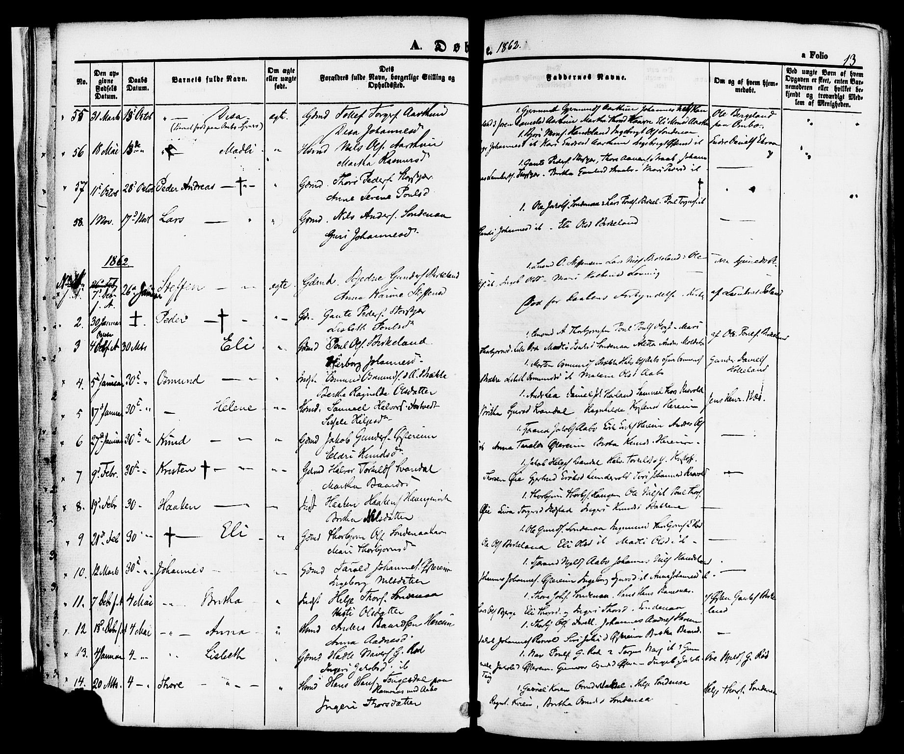 Sand sokneprestkontor, AV/SAST-A-101848/01/III/L0004: Parish register (official) no. A 4, 1859-1880, p. 13