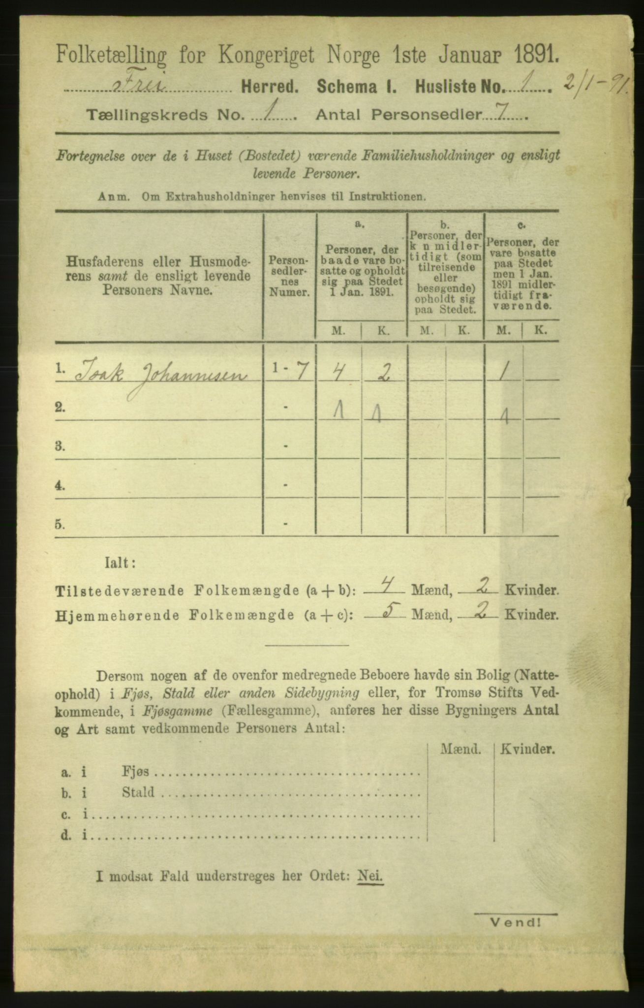 RA, 1891 census for 1556 Frei, 1891, p. 14