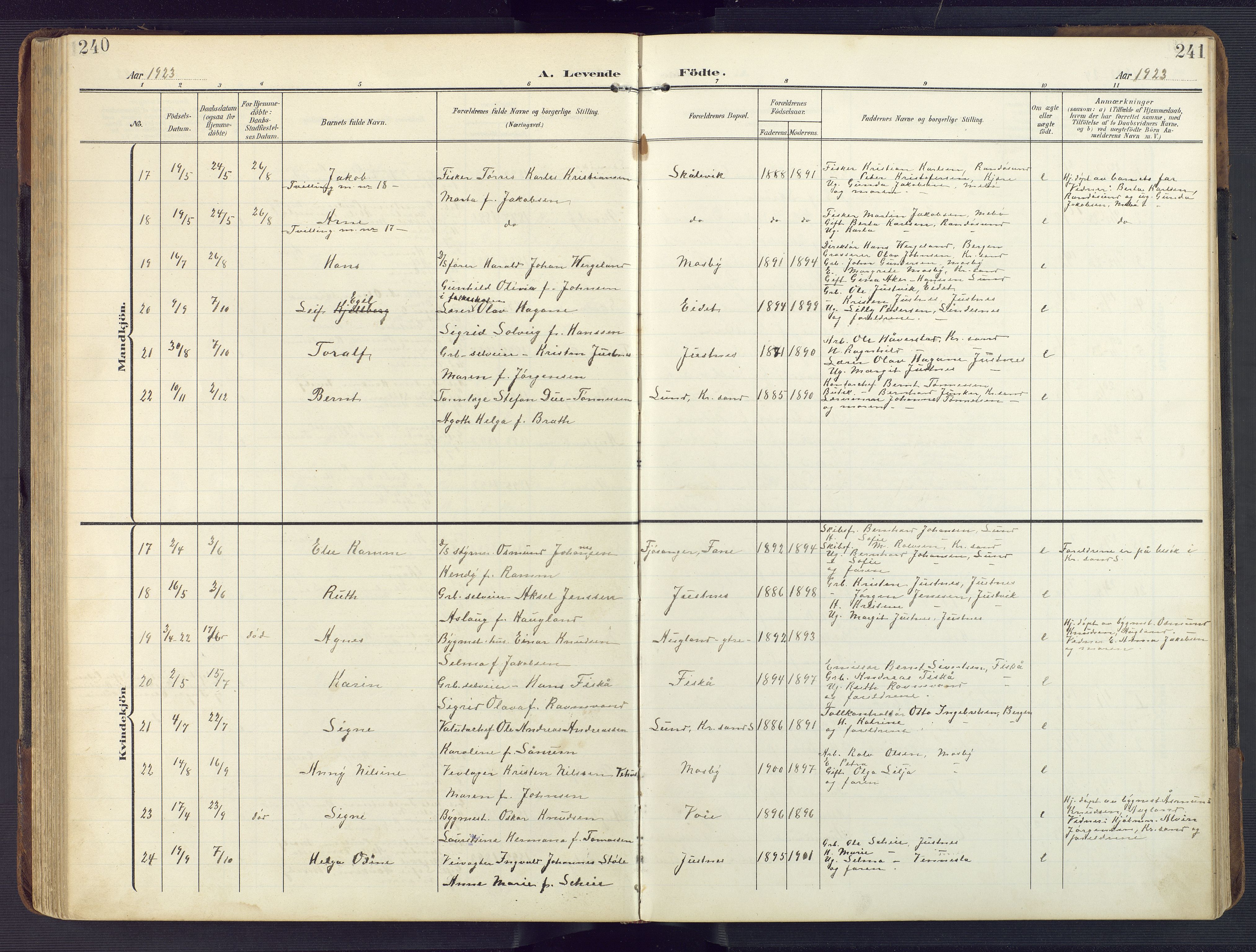 Oddernes sokneprestkontor, AV/SAK-1111-0033/F/Fb/Fba/L0010: Parish register (copy) no. B 10, 1907-1941, p. 240-241