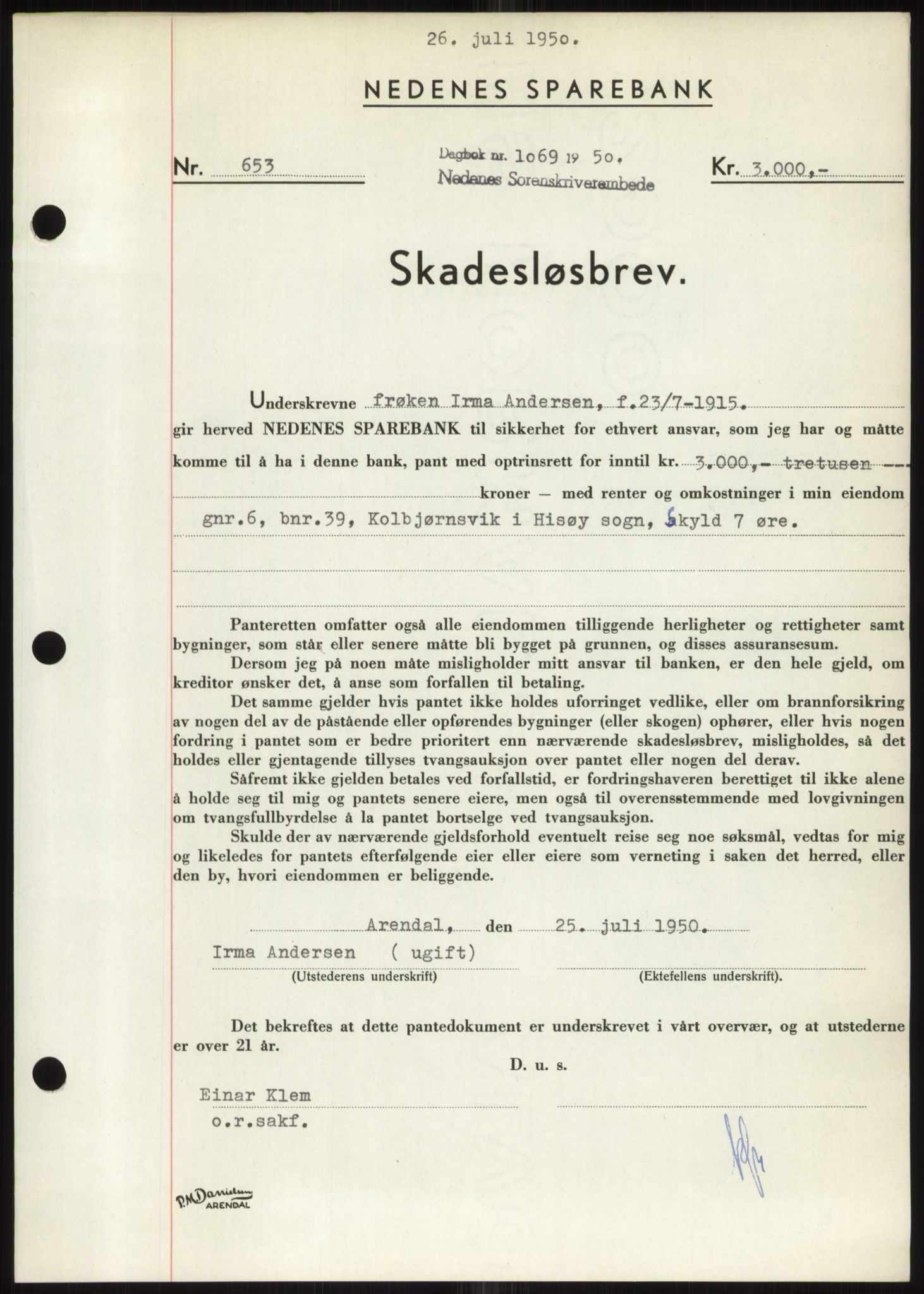 Nedenes sorenskriveri, SAK/1221-0006/G/Gb/Gbb/L0007: Mortgage book no. B7, 1949-1950, Diary no: : 1069/1950