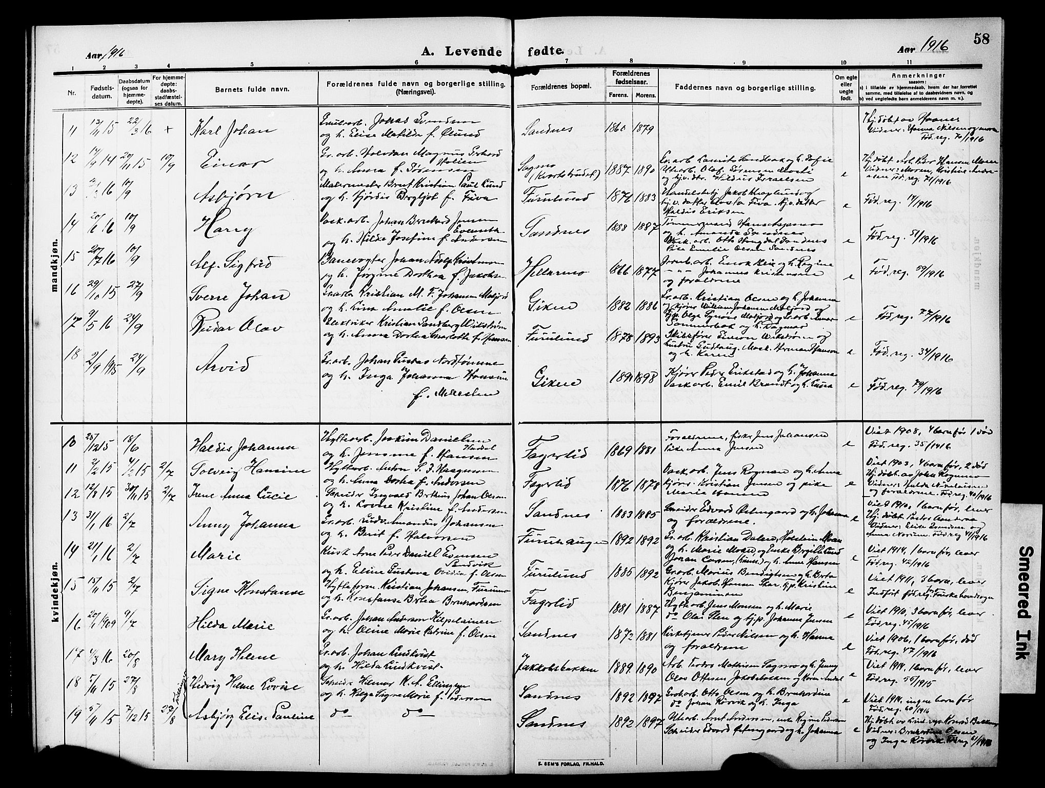 Ministerialprotokoller, klokkerbøker og fødselsregistre - Nordland, AV/SAT-A-1459/850/L0710: Parish register (official) no. 850A02, 1910-1920, p. 58