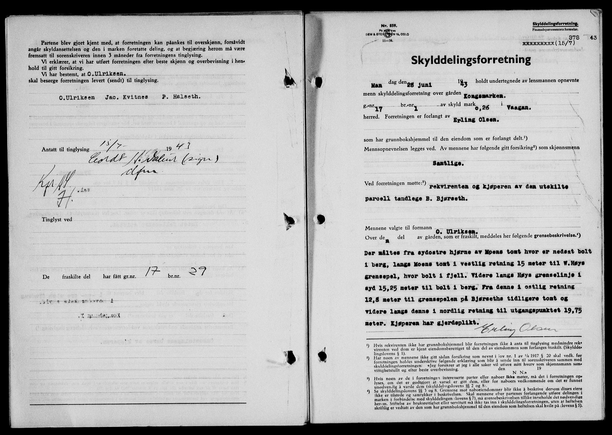 Lofoten sorenskriveri, SAT/A-0017/1/2/2C/L0011a: Mortgage book no. 11a, 1943-1943, Diary no: : 878/1943