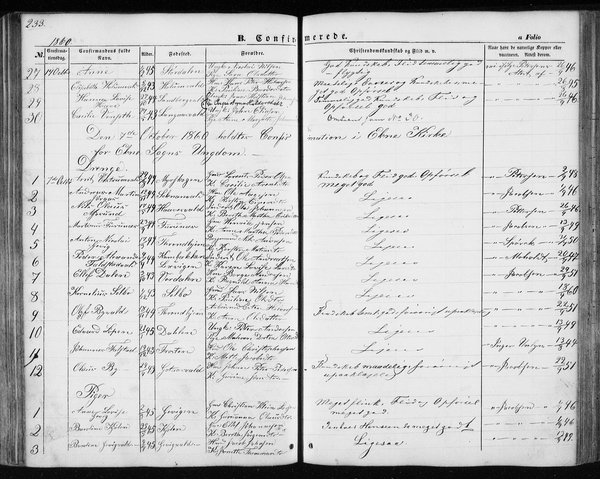 Ministerialprotokoller, klokkerbøker og fødselsregistre - Nord-Trøndelag, AV/SAT-A-1458/717/L0154: Parish register (official) no. 717A07 /1, 1850-1862, p. 233