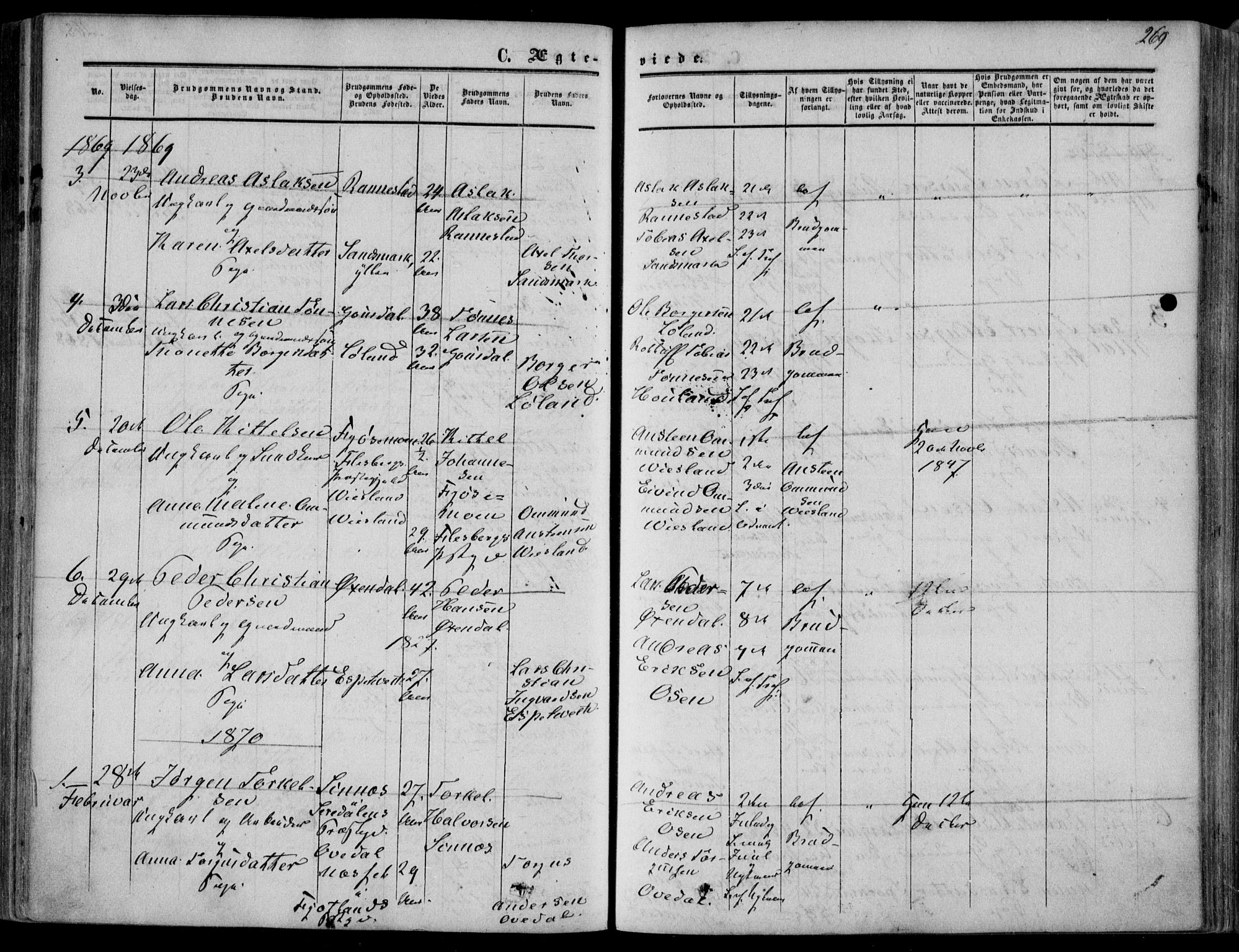 Bakke sokneprestkontor, SAK/1111-0002/F/Fa/Faa/L0006: Parish register (official) no. A 6, 1855-1877, p. 269