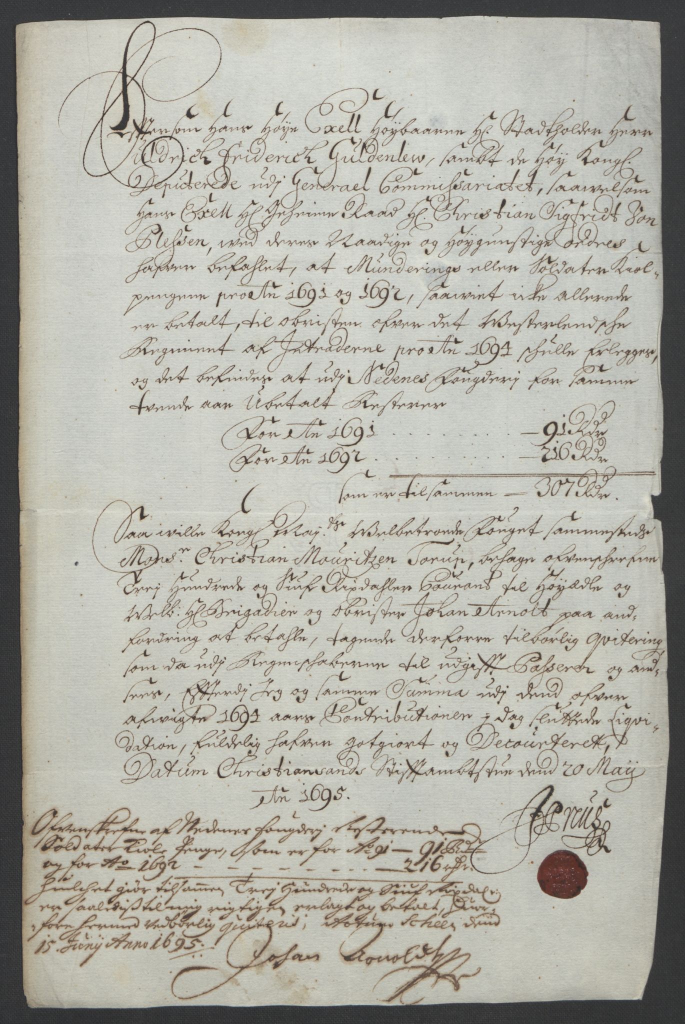 Rentekammeret inntil 1814, Reviderte regnskaper, Fogderegnskap, RA/EA-4092/R39/L2312: Fogderegnskap Nedenes, 1693-1695, p. 220