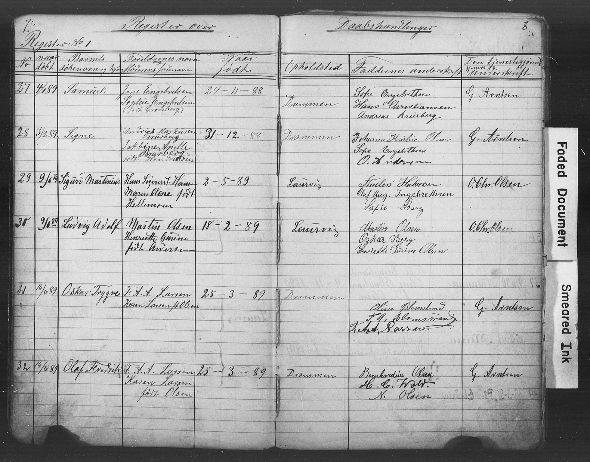Den katolsk-apostoliske menighet i Drammen, SAKO/P-949/H/Ha/L0001: Dissenter register no. 1, 1877-1899, p. 7-8