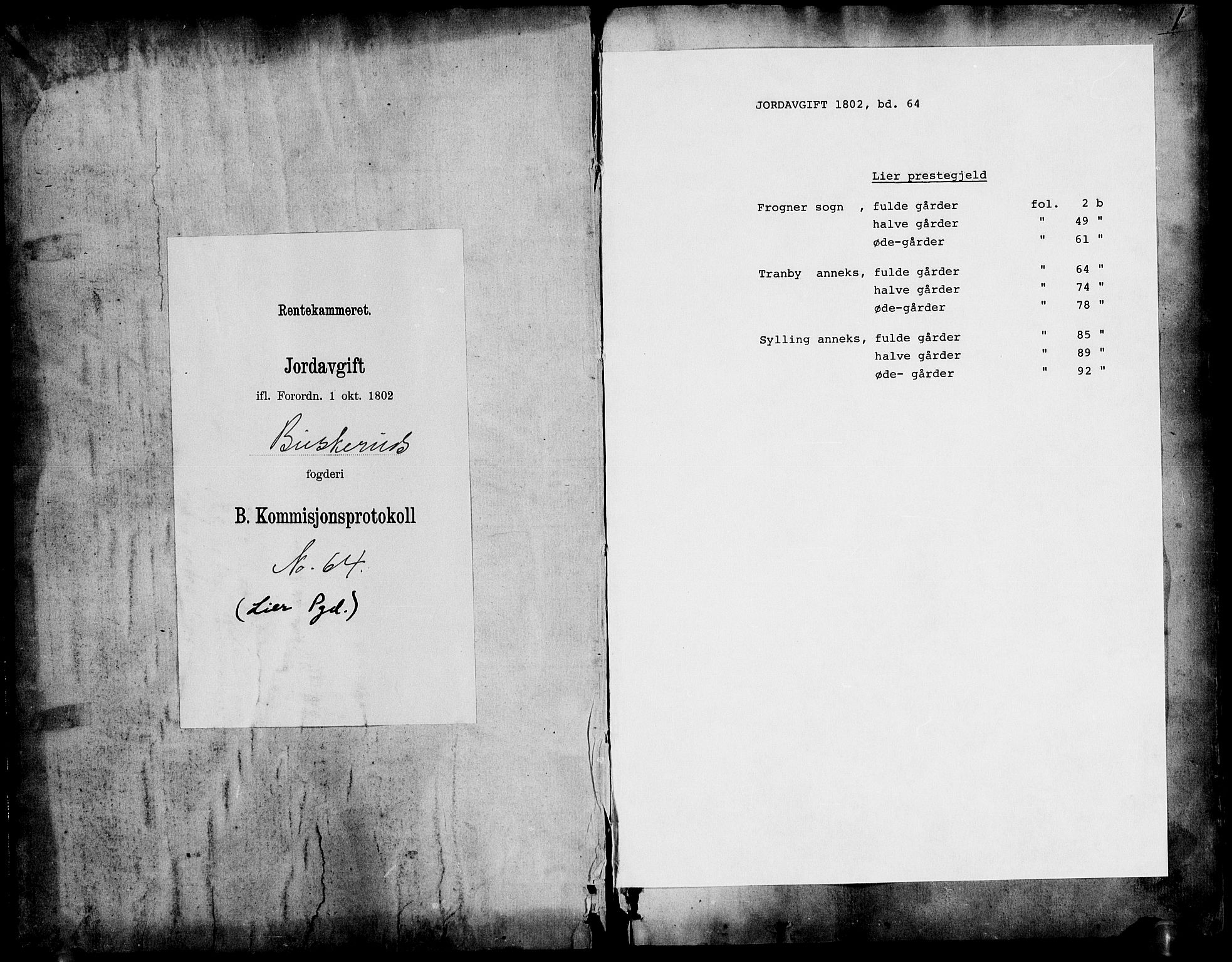 Rentekammeret inntil 1814, Realistisk ordnet avdeling, AV/RA-EA-4070/N/Ne/Nea/L0064: Buskerud fogderi. Kommisjonsprotokoll for Lier prestegjeld, 1803, p. 1