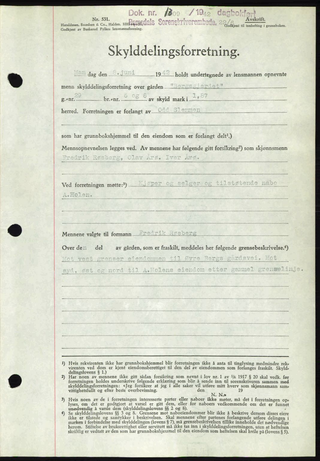 Romsdal sorenskriveri, AV/SAT-A-4149/1/2/2C: Mortgage book no. A12, 1942-1942, Diary no: : 1309/1942