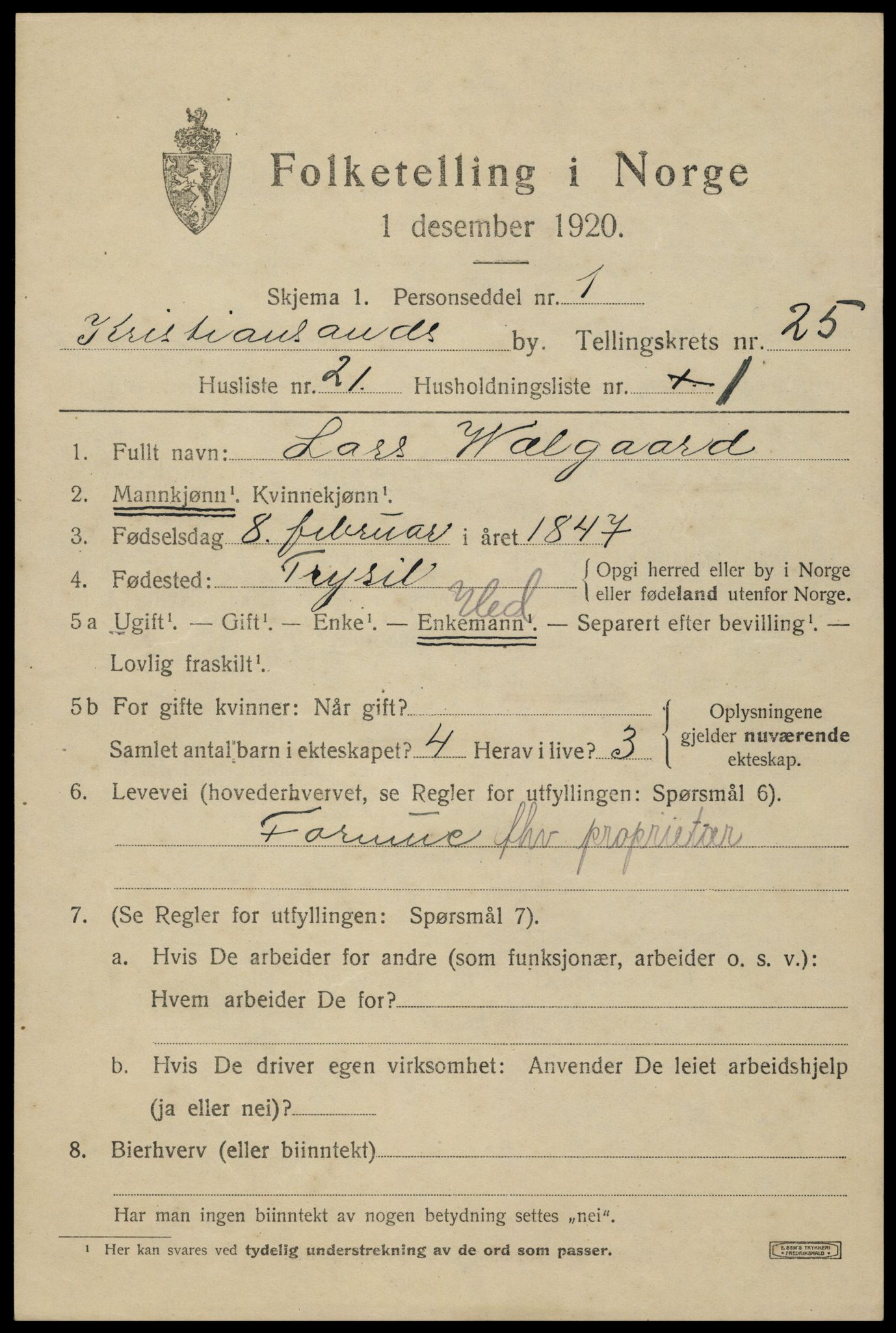 SAK, 1920 census for Kristiansand, 1920, p. 44013