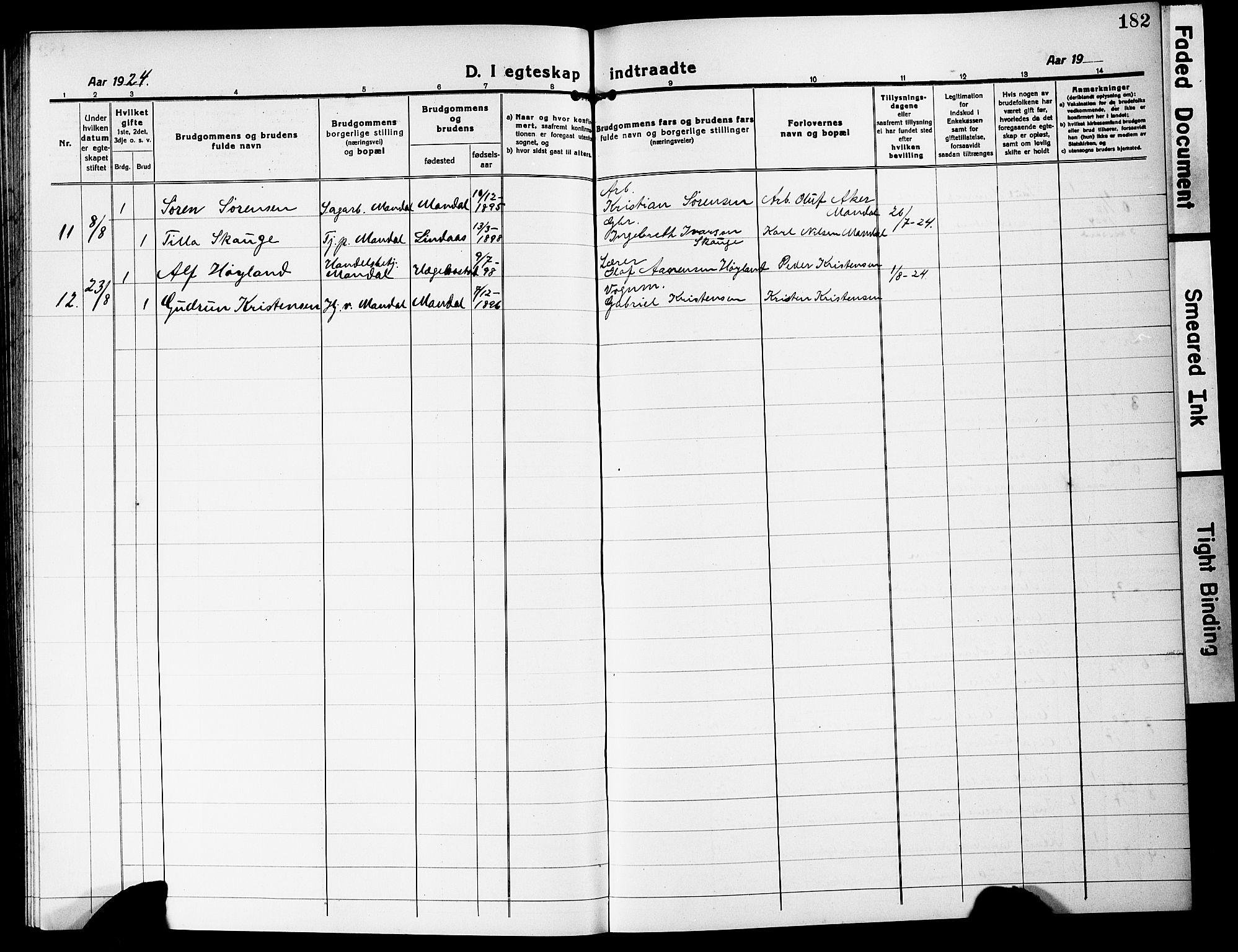 Mandal sokneprestkontor, SAK/1111-0030/F/Fb/Fbc/L0001: Parish register (copy) no. B 1, 1918-1931, p. 182