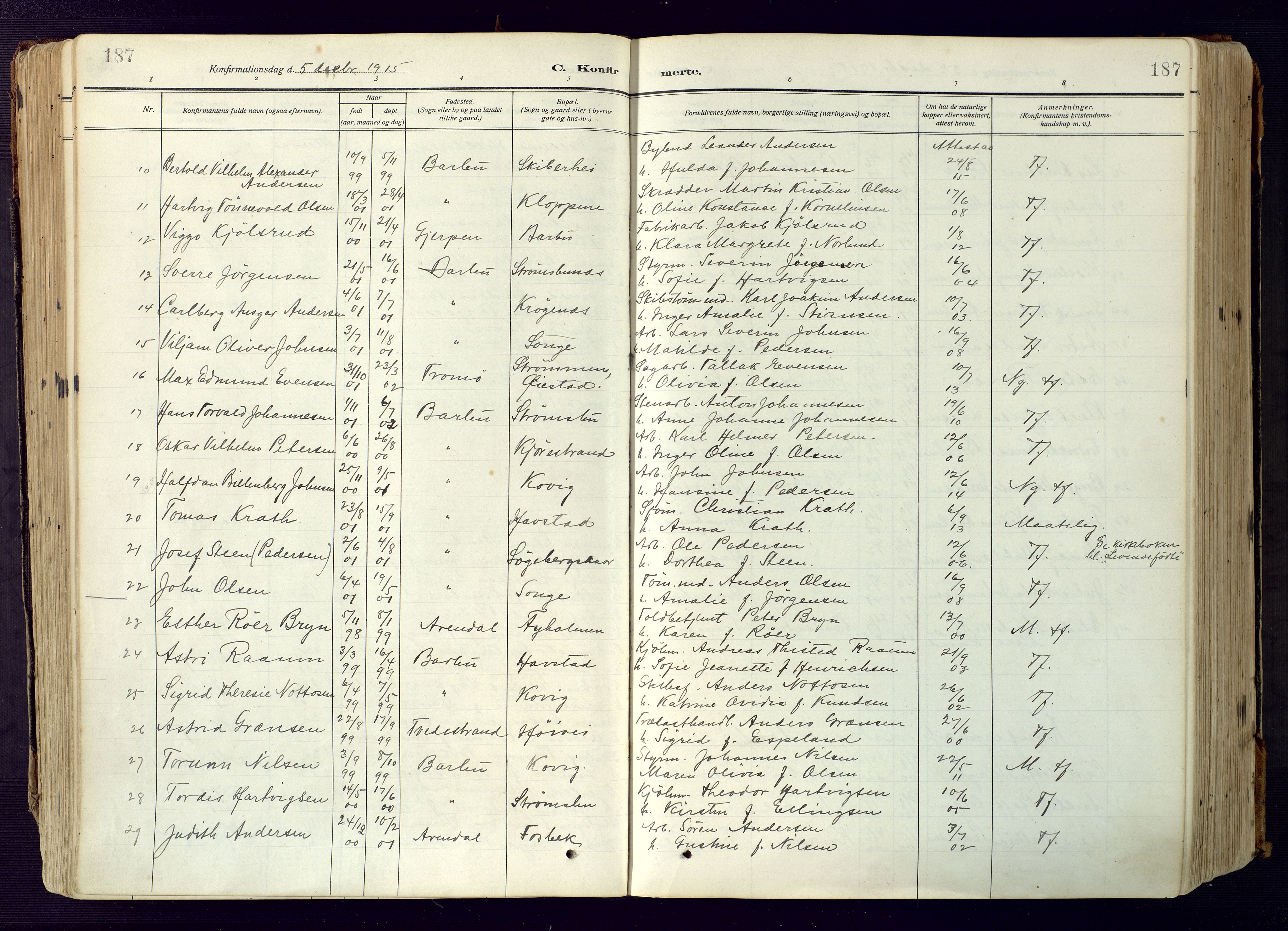Barbu sokneprestkontor, SAK/1111-0003/F/Fa/L0006: Parish register (official) no. A 6, 1910-1929, p. 187