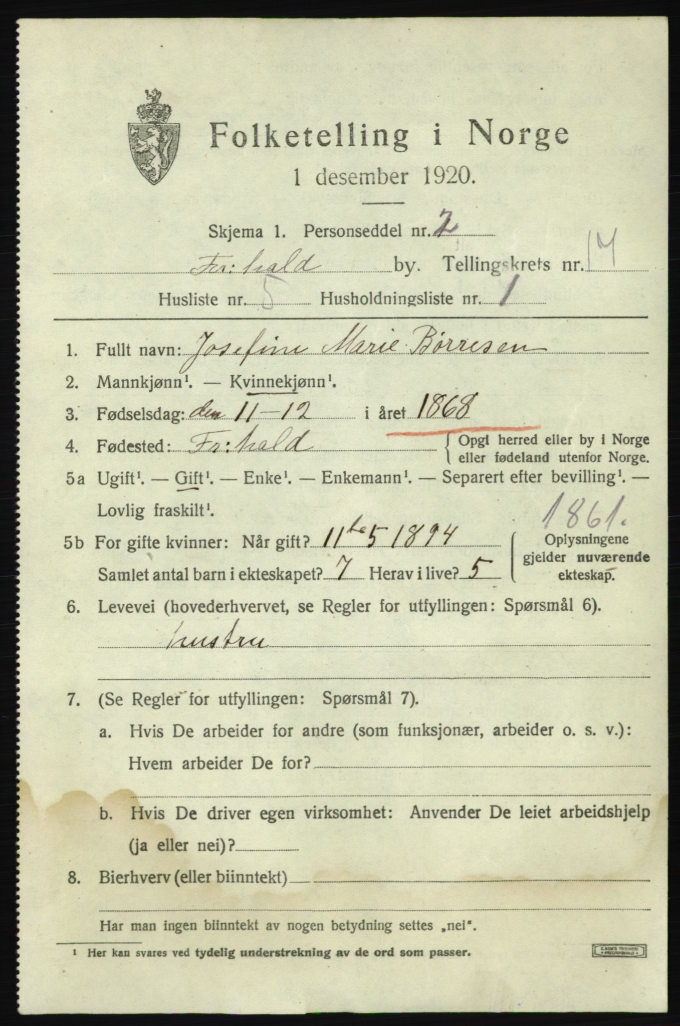 SAO, 1920 census for Fredrikshald, 1920, p. 25810