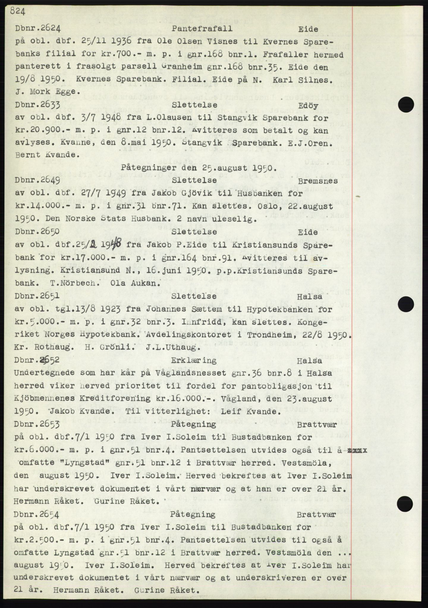Nordmøre sorenskriveri, SAT/A-4132/1/2/2Ca: Mortgage book no. C82b, 1946-1951, Diary no: : 2624/1950