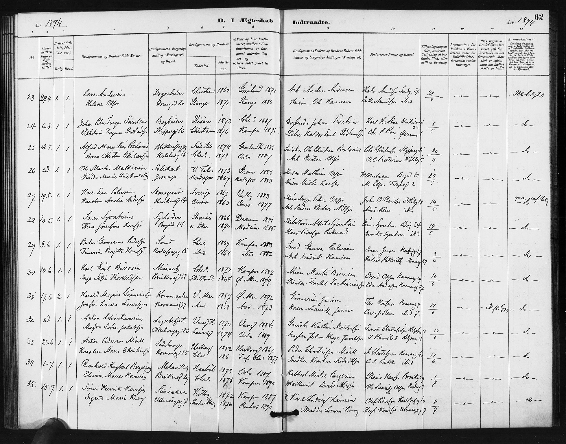 Kampen prestekontor Kirkebøker, AV/SAO-A-10853/F/Fa/L0006: Parish register (official) no. I 6, 1889-1896, p. 62