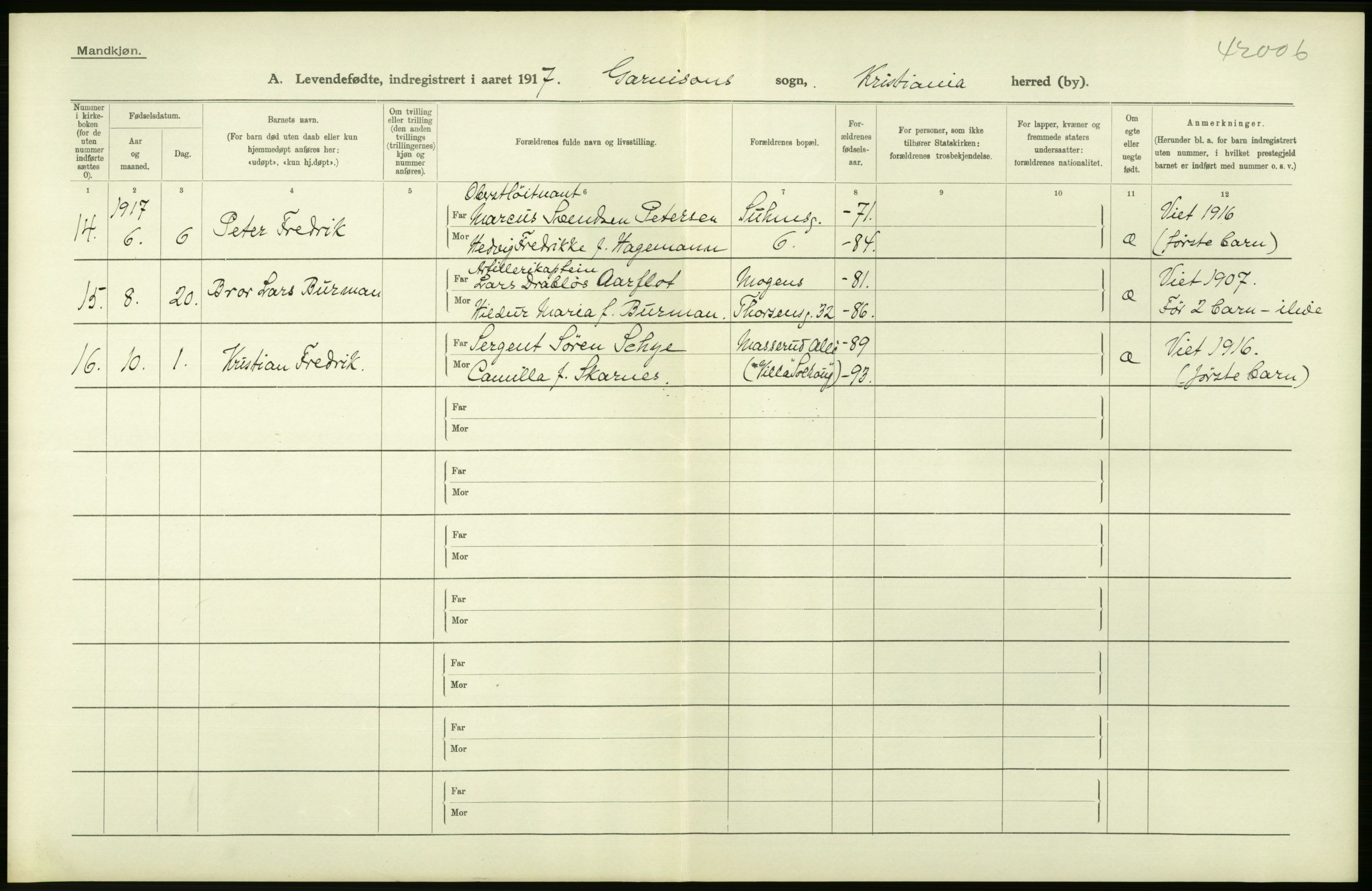 Statistisk sentralbyrå, Sosiodemografiske emner, Befolkning, AV/RA-S-2228/D/Df/Dfb/Dfbg/L0007: Kristiania: Levendefødte menn og kvinner., 1917, p. 60