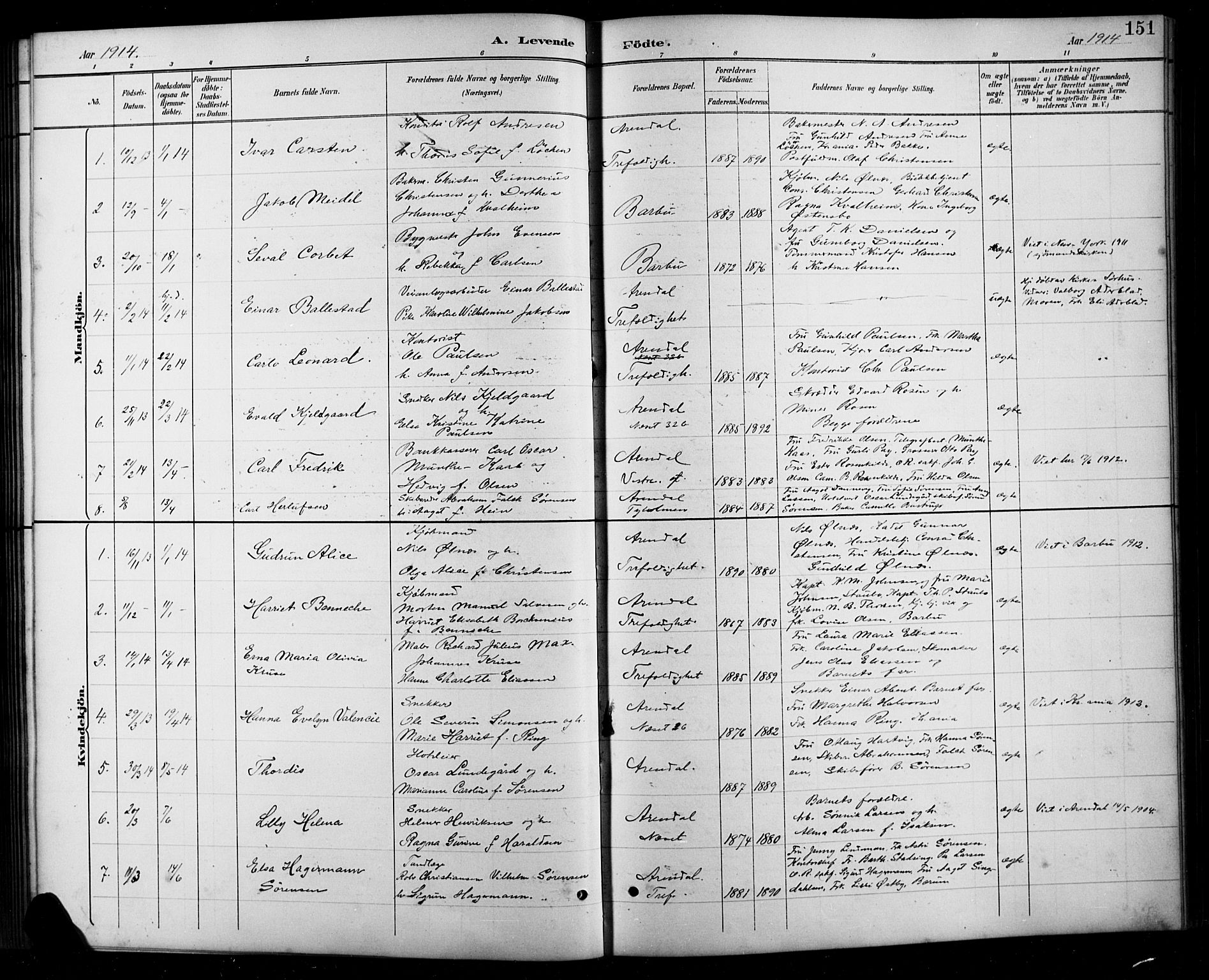 Arendal sokneprestkontor, Trefoldighet, SAK/1111-0040/F/Fb/L0006: Parish register (copy) no. B 6, 1889-1916, p. 151