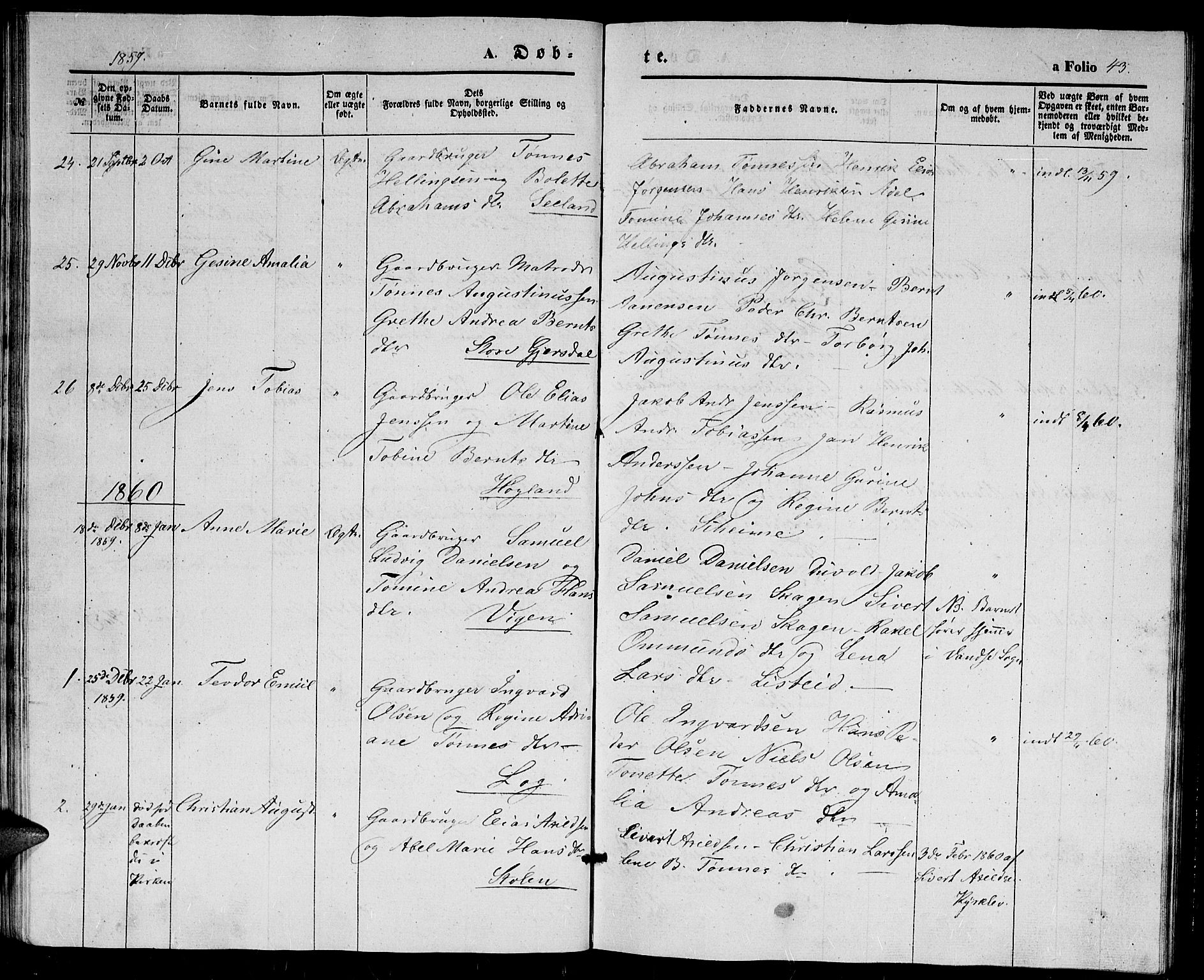 Herad sokneprestkontor, AV/SAK-1111-0018/F/Fb/Fba/L0002: Parish register (copy) no. B 2, 1852-1862, p. 43