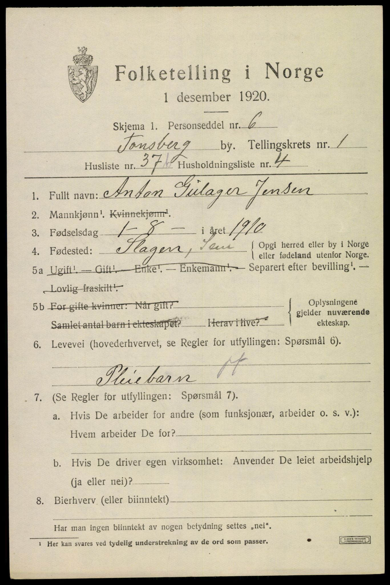 SAKO, 1920 census for Tønsberg, 1920, p. 9543