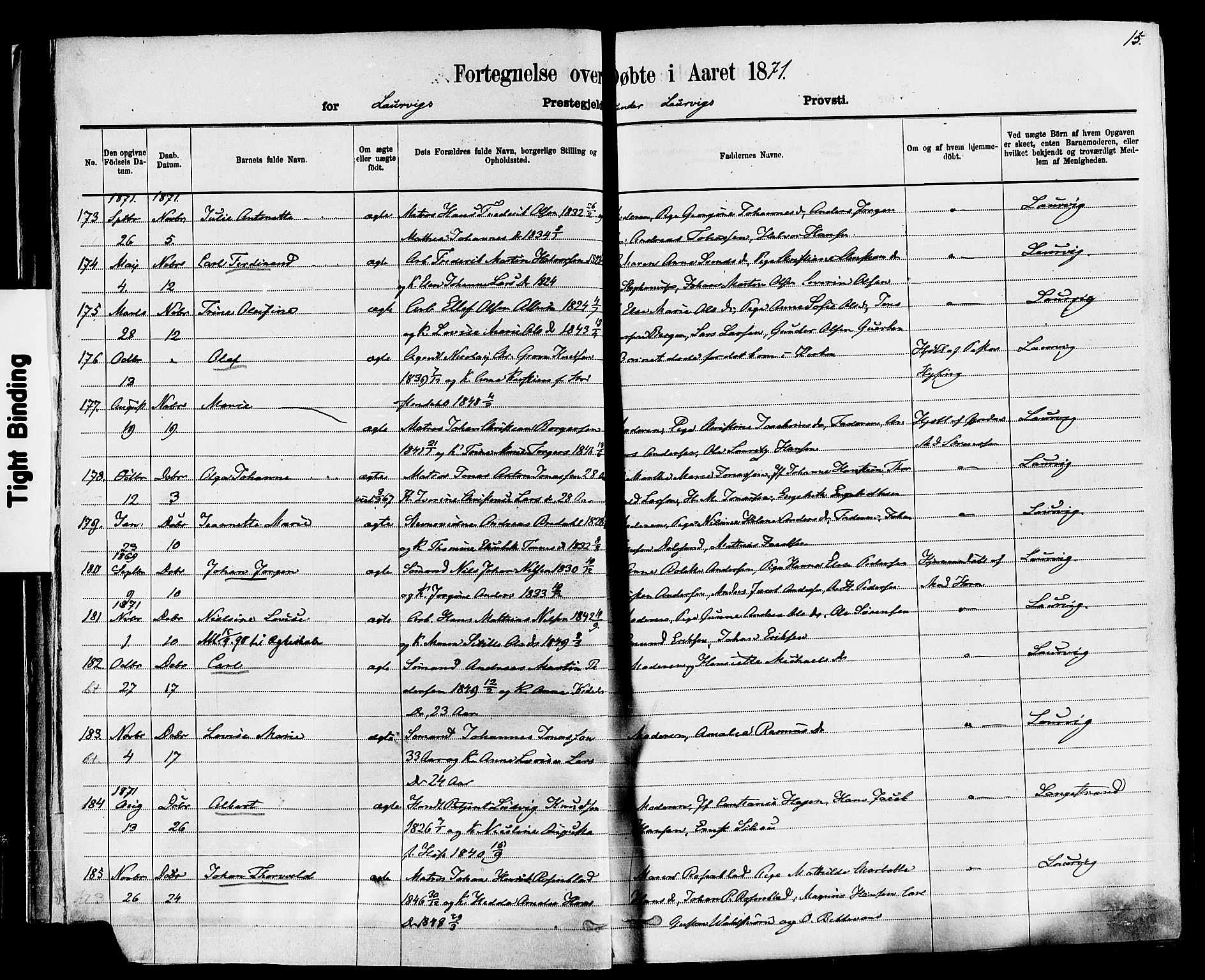 Larvik kirkebøker, AV/SAKO-A-352/F/Fa/L0006: Parish register (official) no. I 6, 1871-1883, p. 15