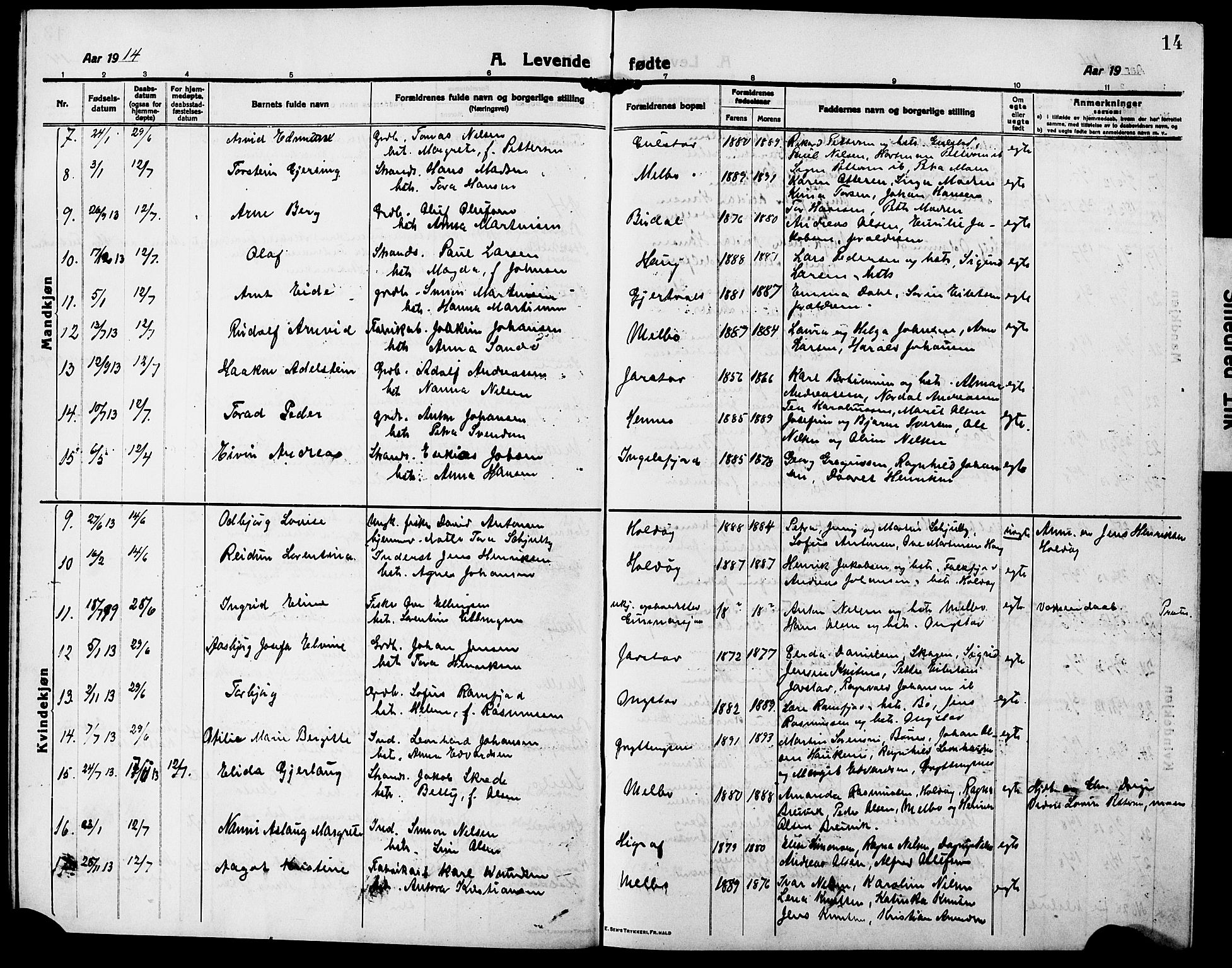 Ministerialprotokoller, klokkerbøker og fødselsregistre - Nordland, AV/SAT-A-1459/888/L1269: Parish register (copy) no. 888C07, 1913-1927, p. 14