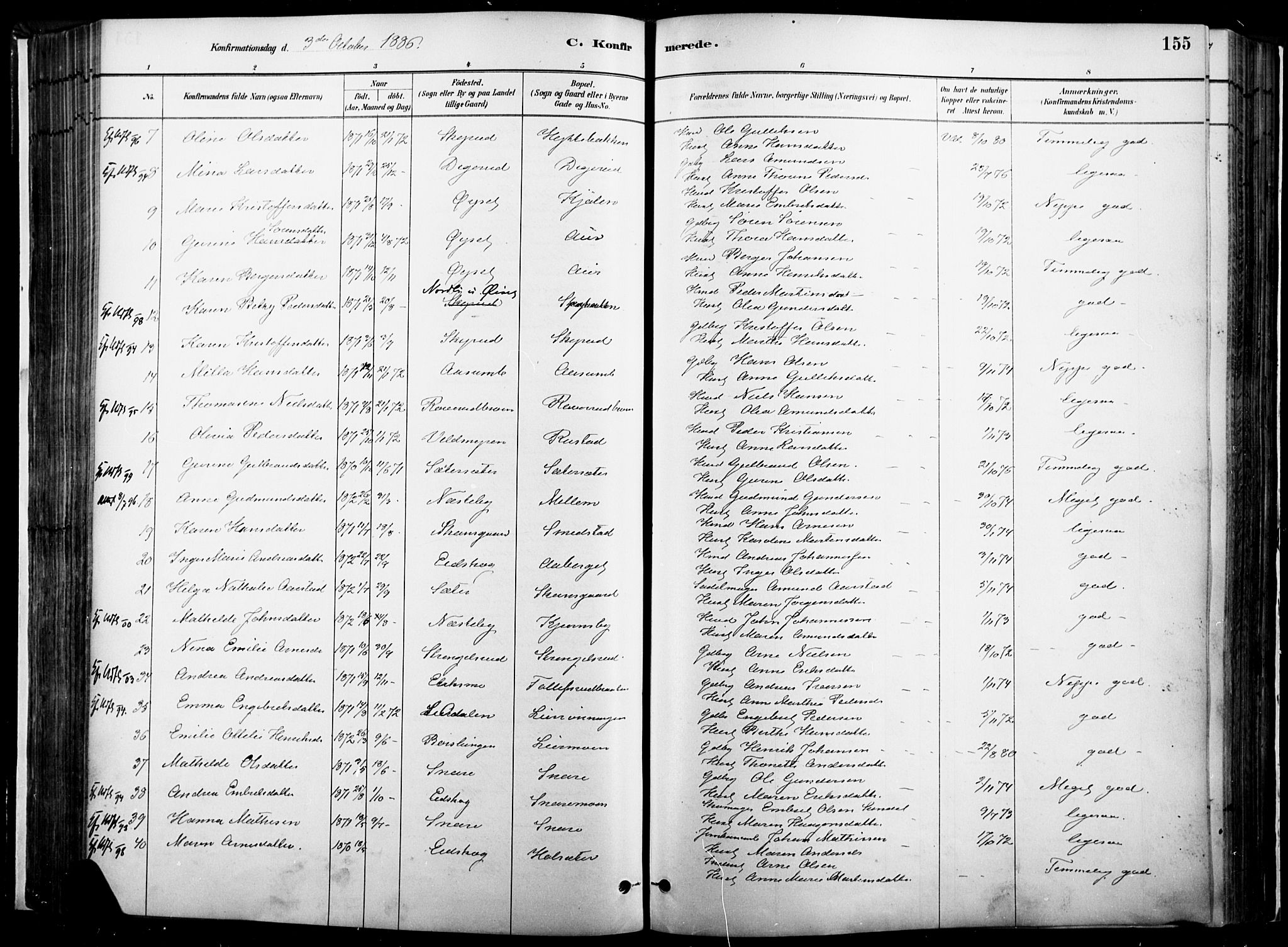 Vinger prestekontor, AV/SAH-PREST-024/H/Ha/Haa/L0014: Parish register (official) no. 14, 1881-1900, p. 155