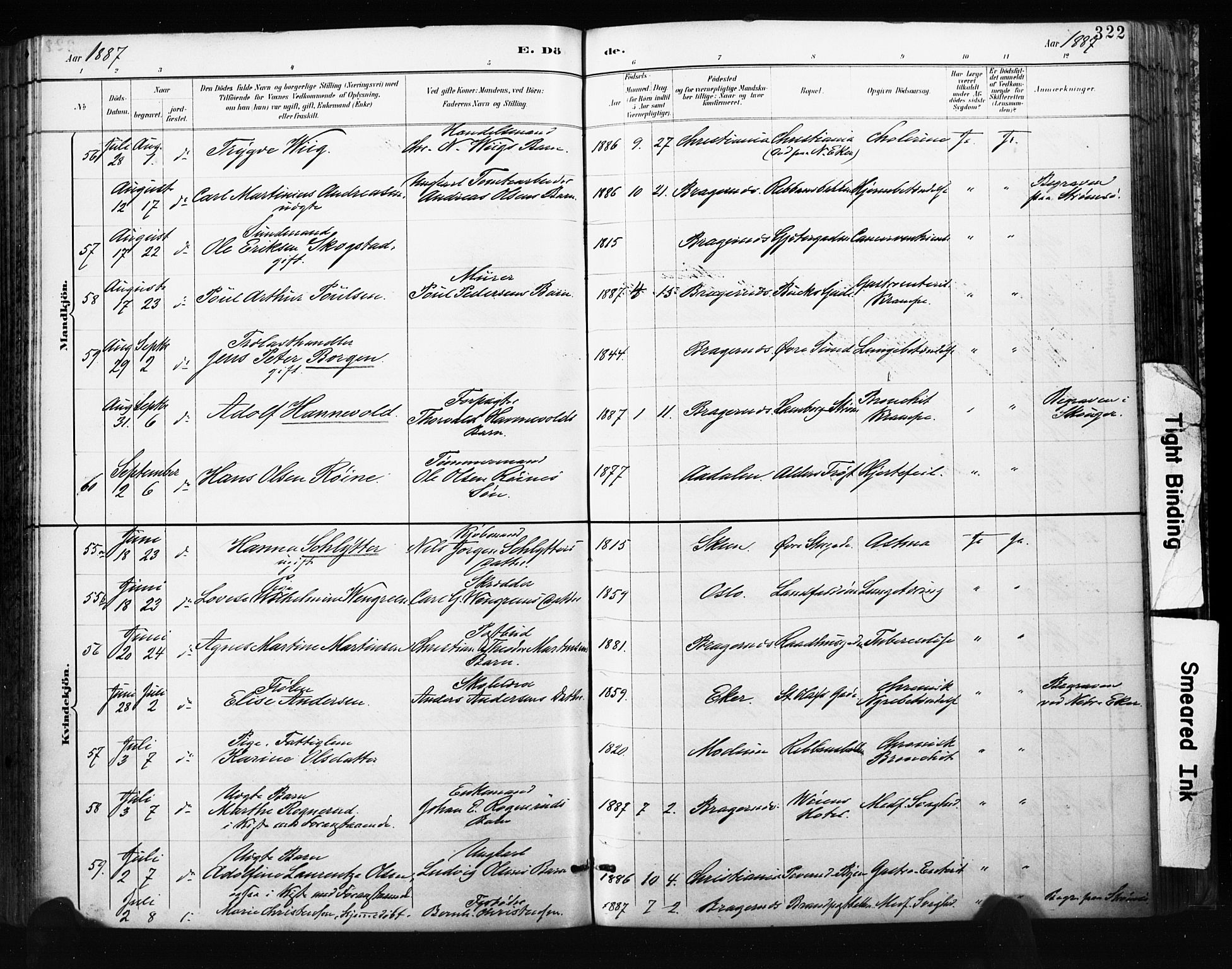 Bragernes kirkebøker, SAKO/A-6/F/Fb/L0007: Parish register (official) no. II 7, 1885-1893, p. 322