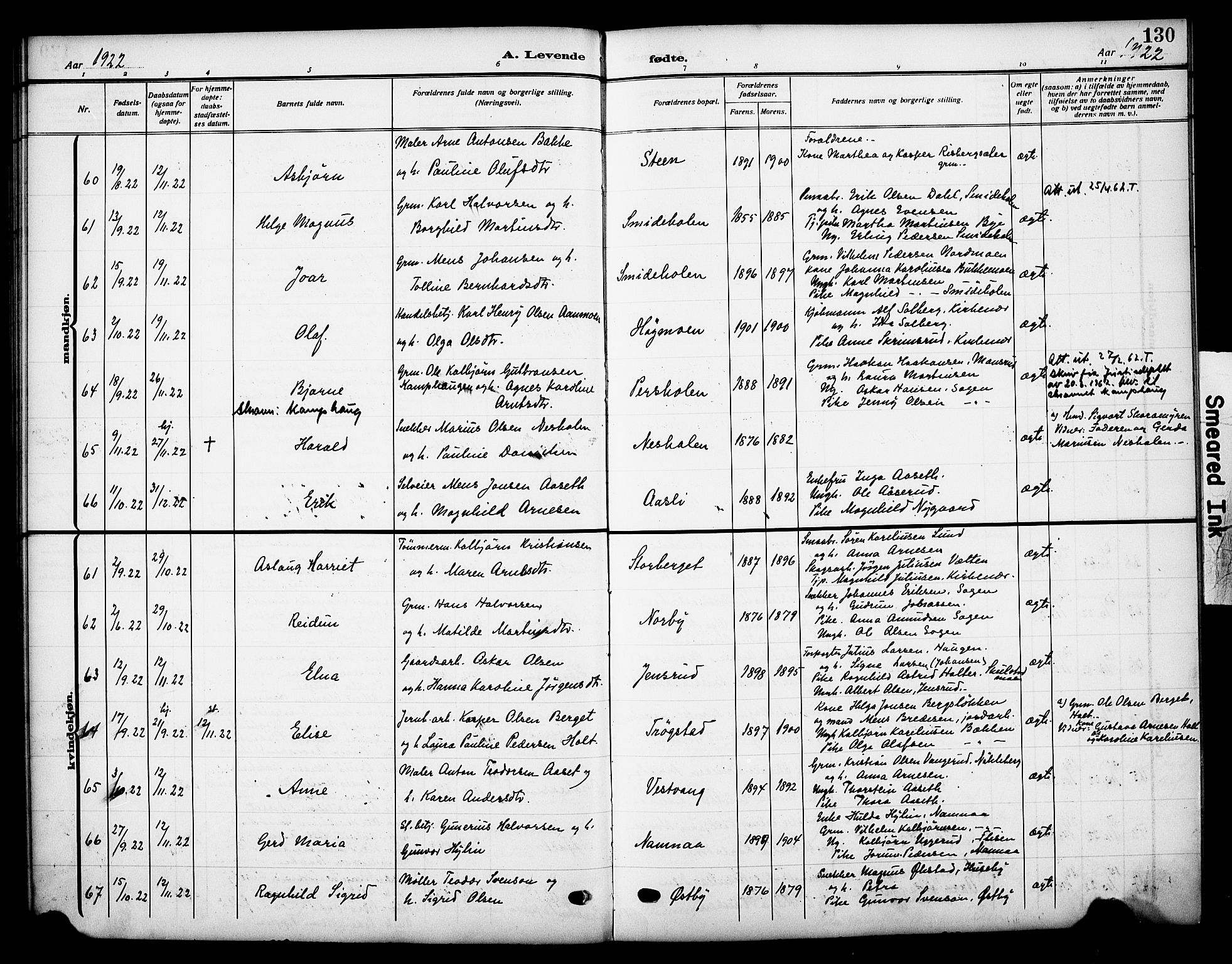 Grue prestekontor, AV/SAH-PREST-036/H/Ha/Haa/L0015: Parish register (official) no. 15, 1911-1922, p. 130