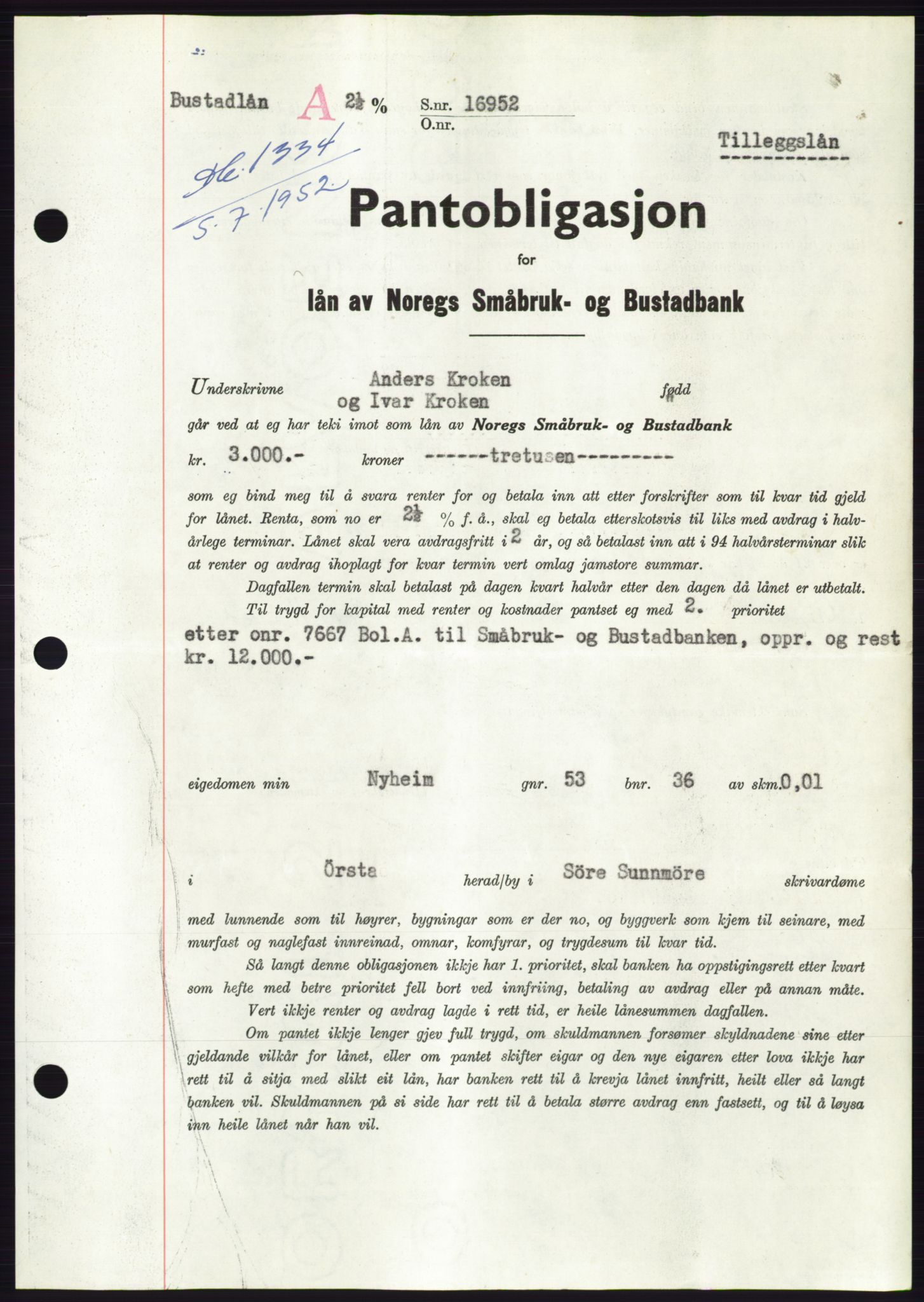 Søre Sunnmøre sorenskriveri, AV/SAT-A-4122/1/2/2C/L0121: Mortgage book no. 9B, 1951-1952, Diary no: : 1334/1952