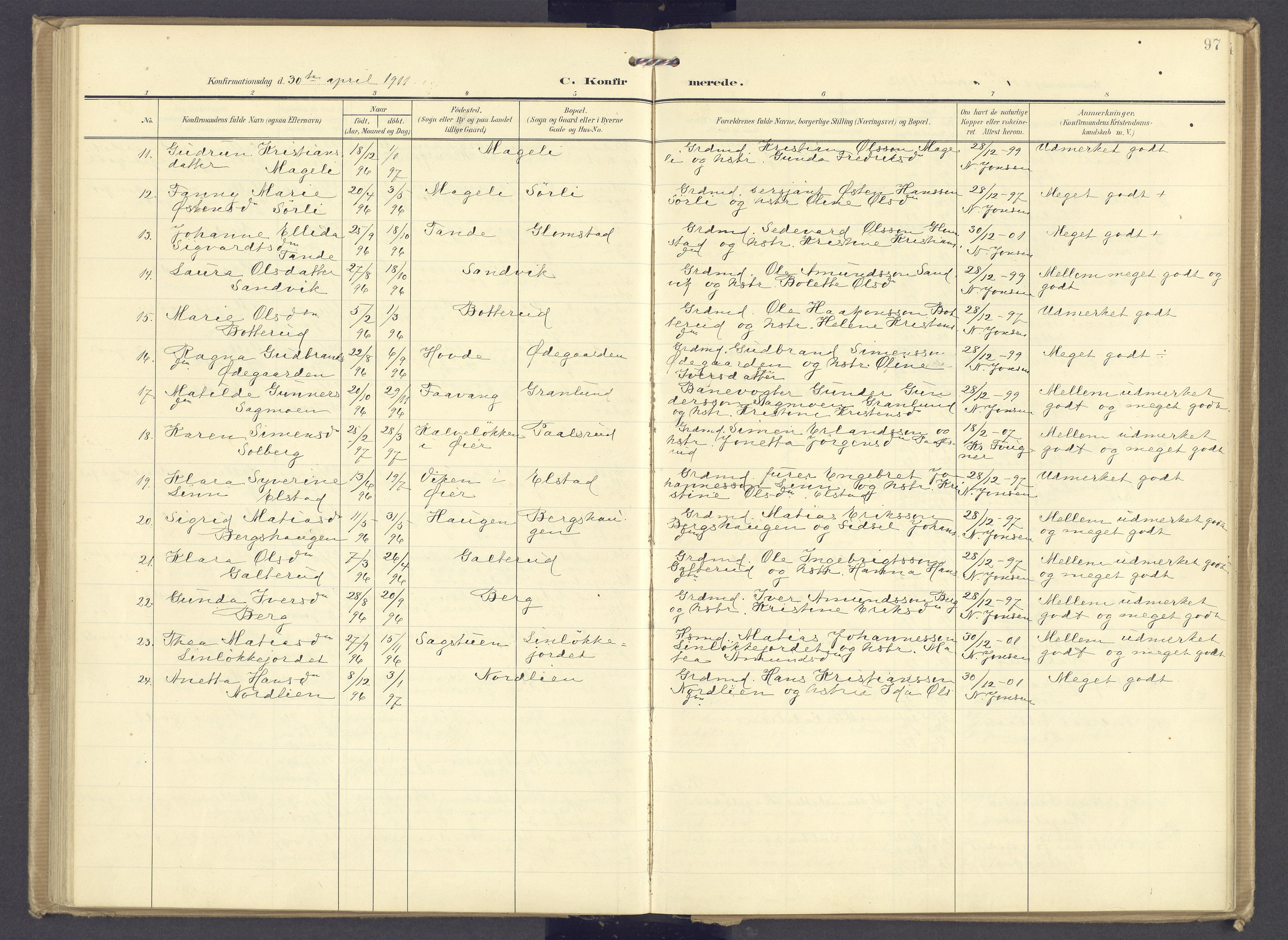 Øyer prestekontor, AV/SAH-PREST-084/H/Ha/Haa/L0013: Parish register (official) no. 13, 1905-1920, p. 97