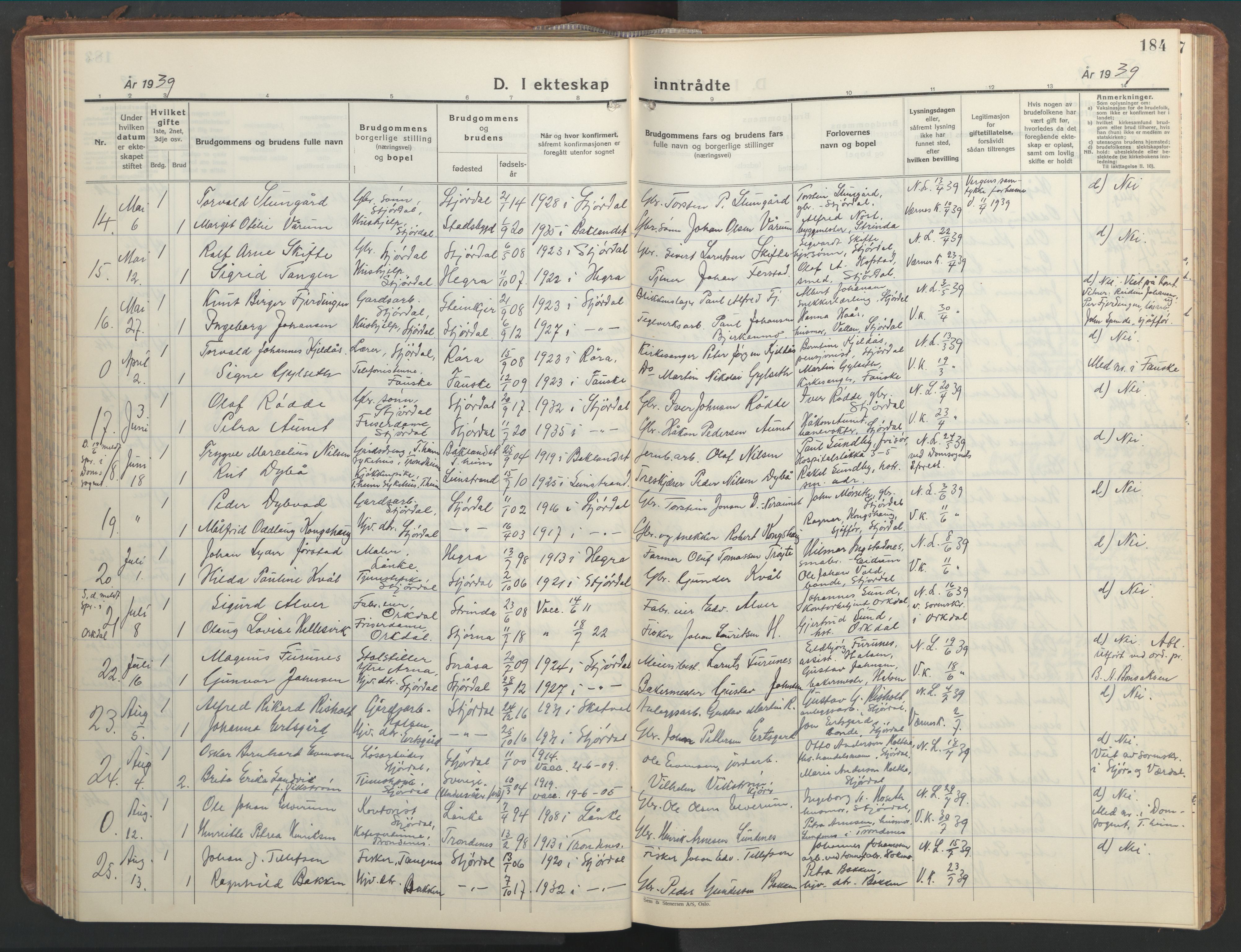 Ministerialprotokoller, klokkerbøker og fødselsregistre - Nord-Trøndelag, AV/SAT-A-1458/709/L0089: Parish register (copy) no. 709C03, 1935-1948, p. 184