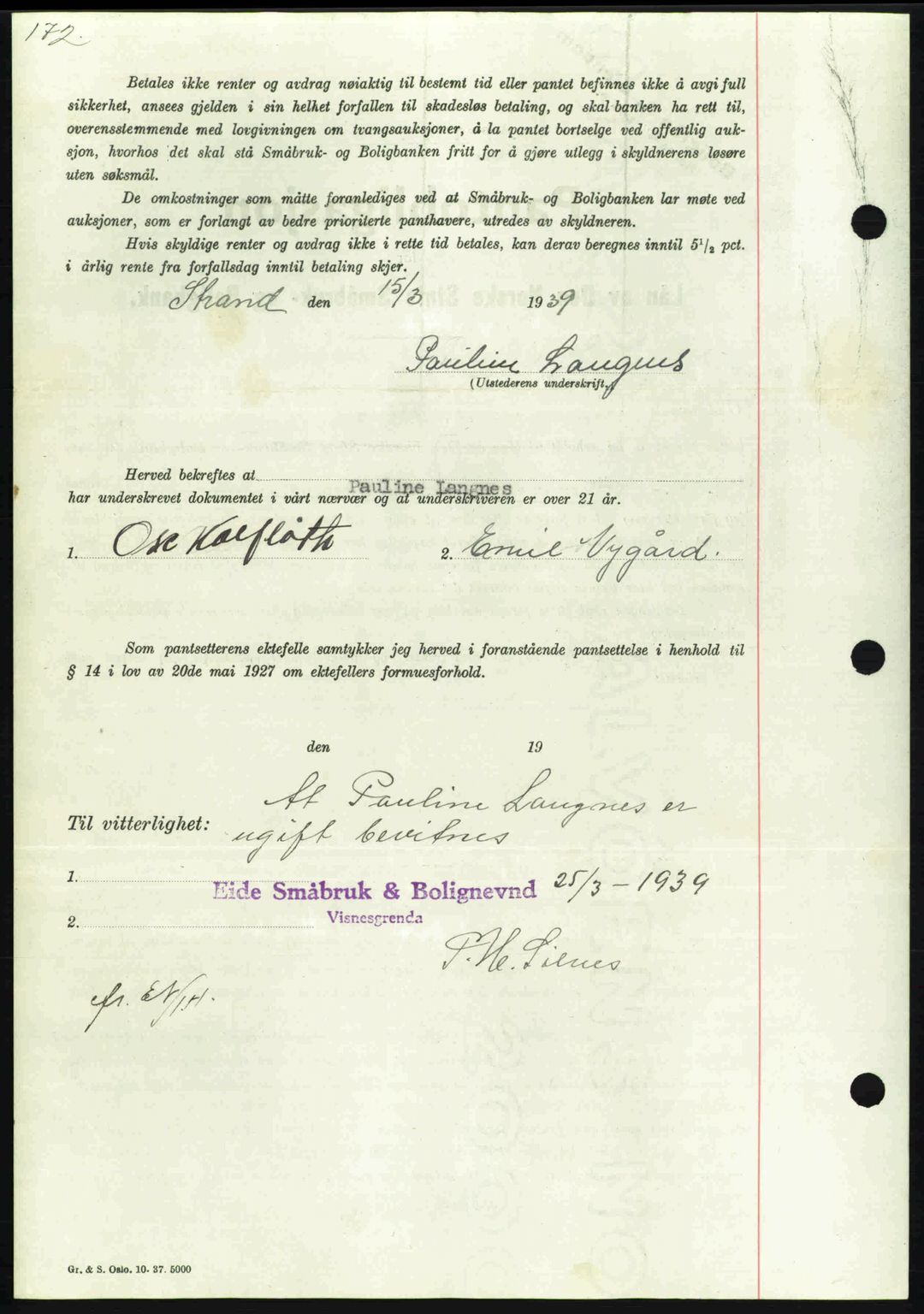 Nordmøre sorenskriveri, AV/SAT-A-4132/1/2/2Ca: Mortgage book no. B85, 1939-1939, Diary no: : 1018/1939