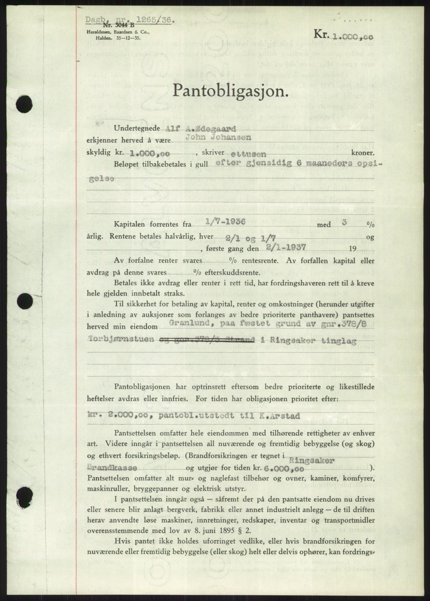 Nord-Hedmark sorenskriveri, SAH/TING-012/H/Hb/Hbf/L0001: Mortgage book no. B1, 1936-1936, Diary no: : 1265/1936