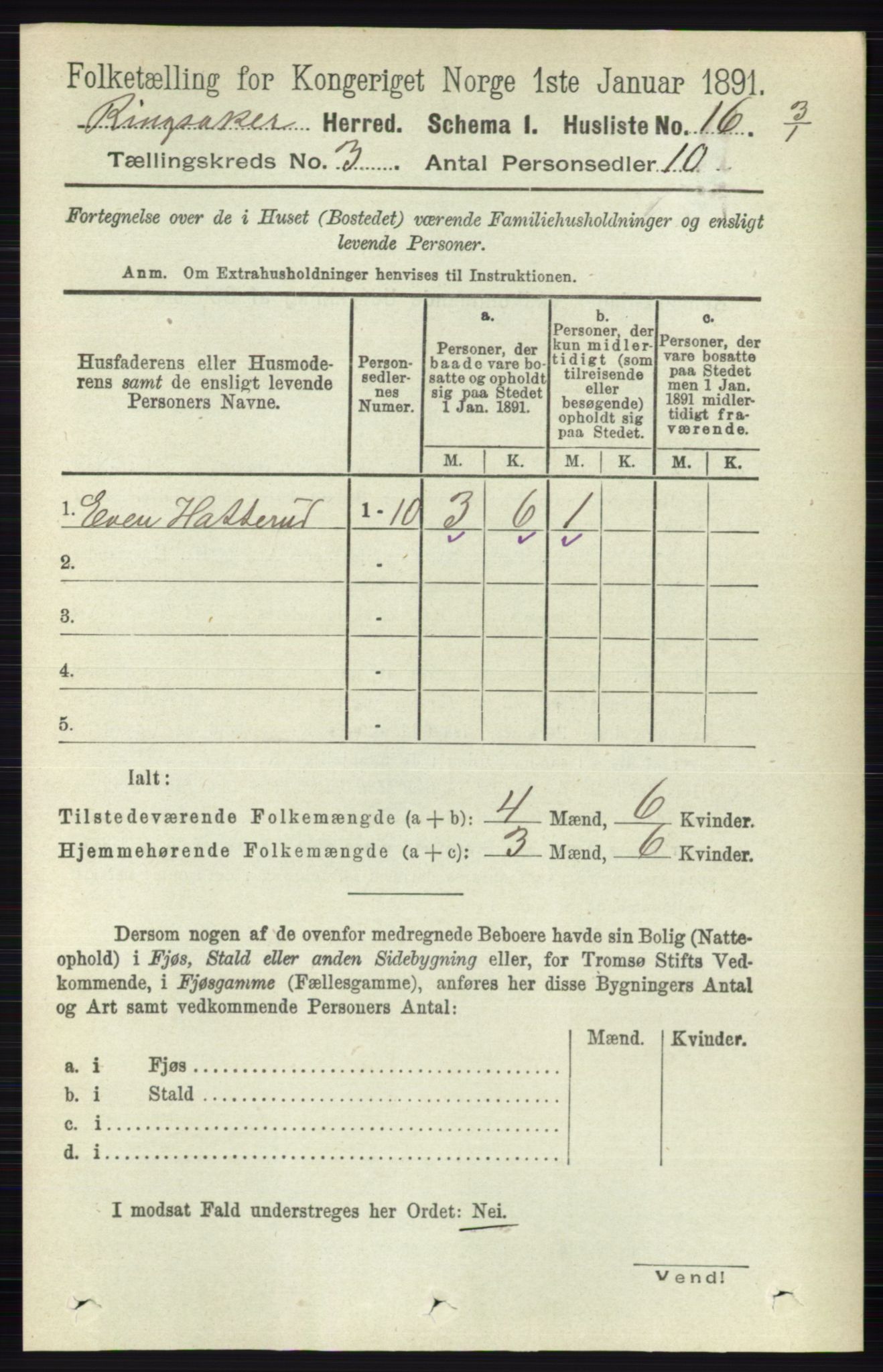 RA, 1891 census for 0412 Ringsaker, 1891, p. 1177