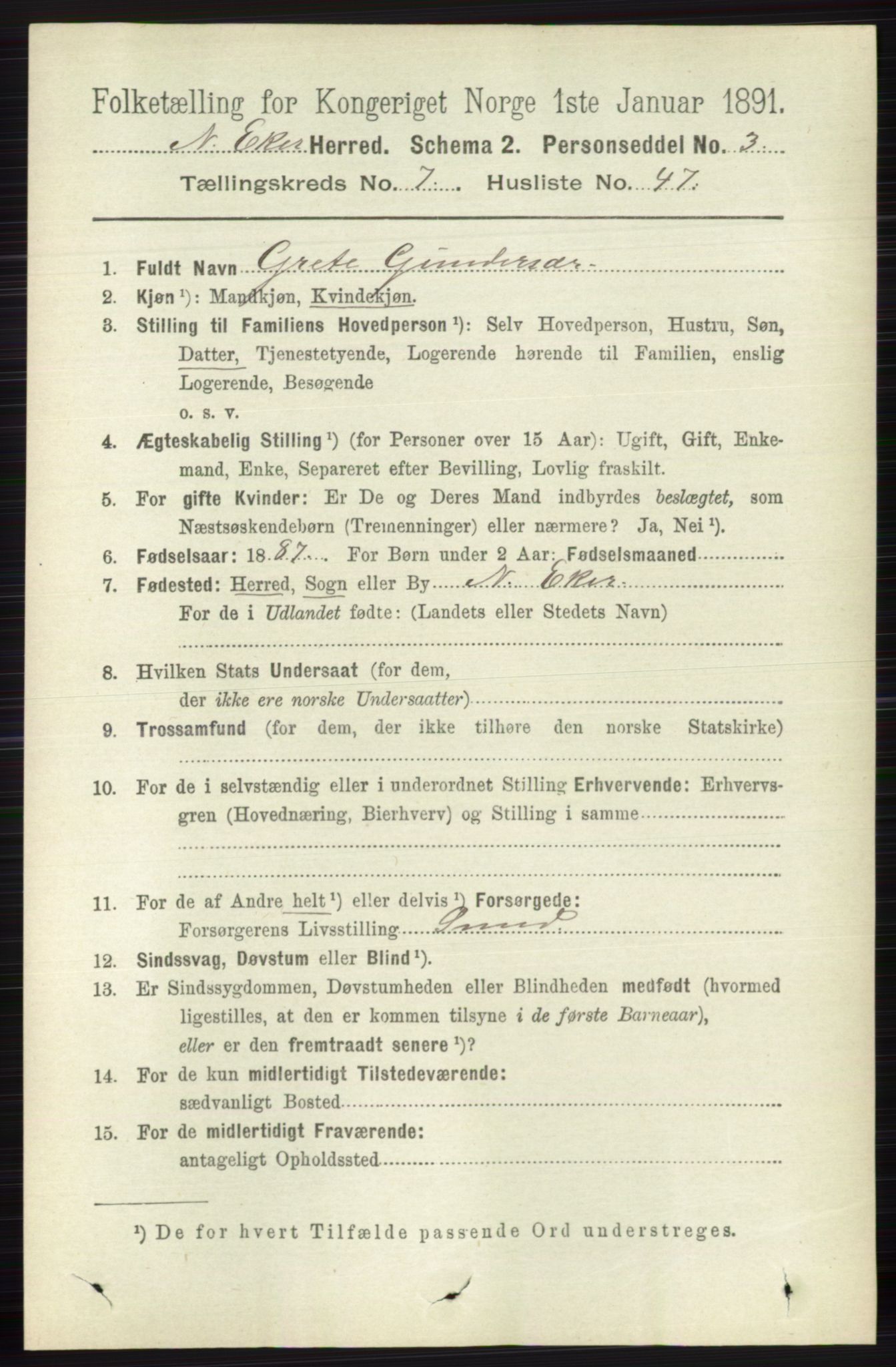 RA, 1891 census for 0625 Nedre Eiker, 1891, p. 3736