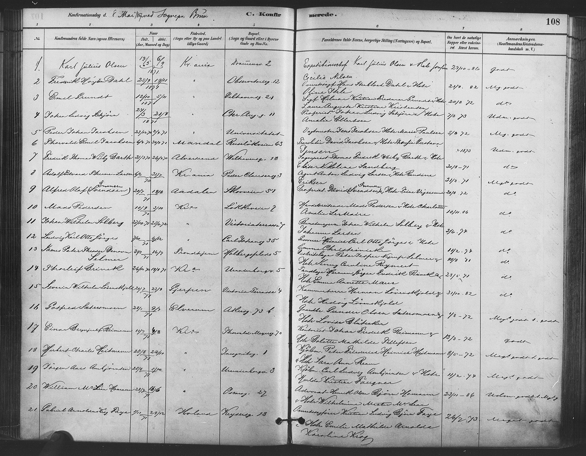 Trefoldighet prestekontor Kirkebøker, SAO/A-10882/F/Fb/L0003: Parish register (official) no. II 3, 1881-1895, p. 108